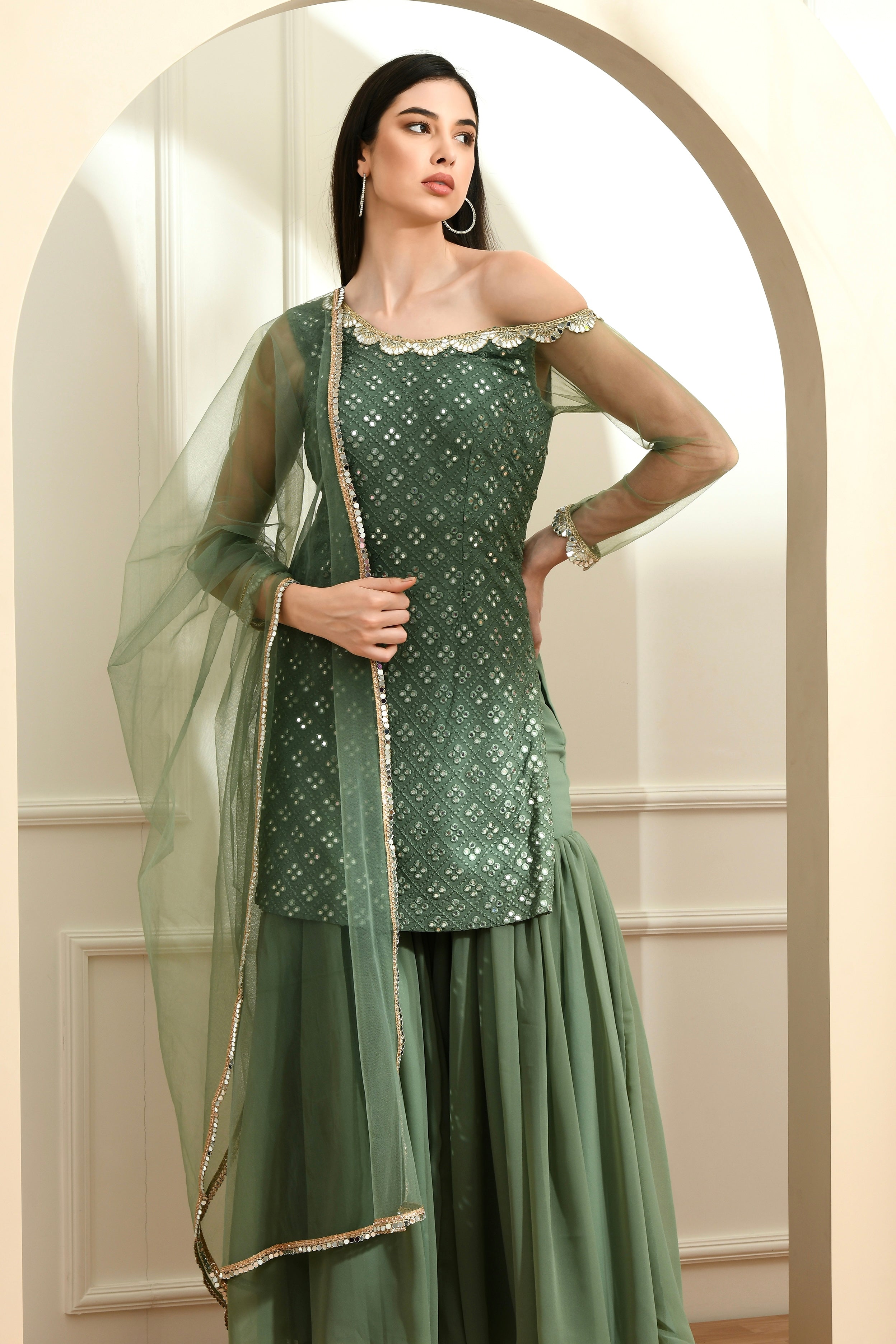 Mirror Work 3-Piece Suit Set - Earthy Green