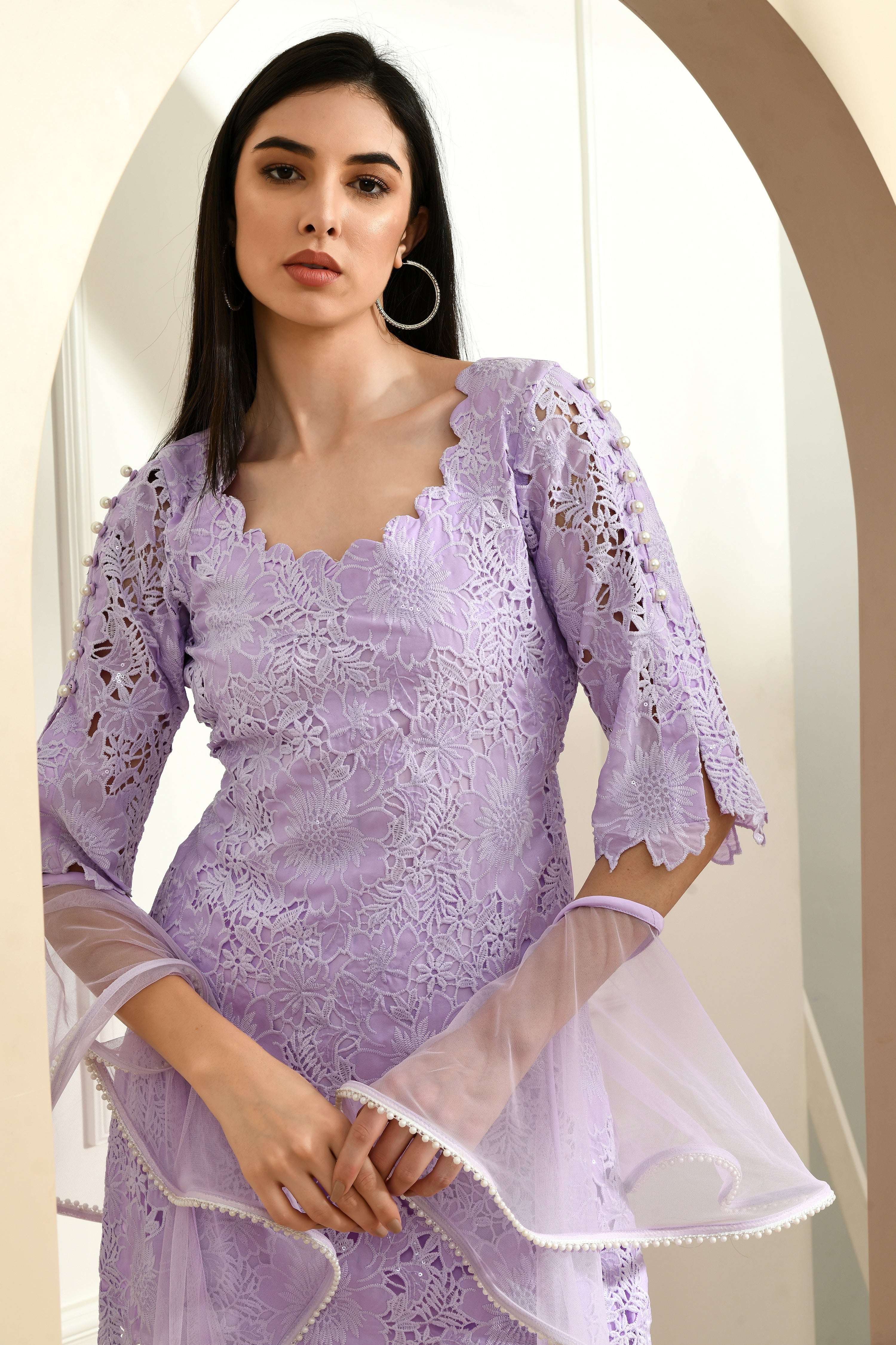 3-Piece Suit Set With Ruffled Dupatta - Earthy Lavender