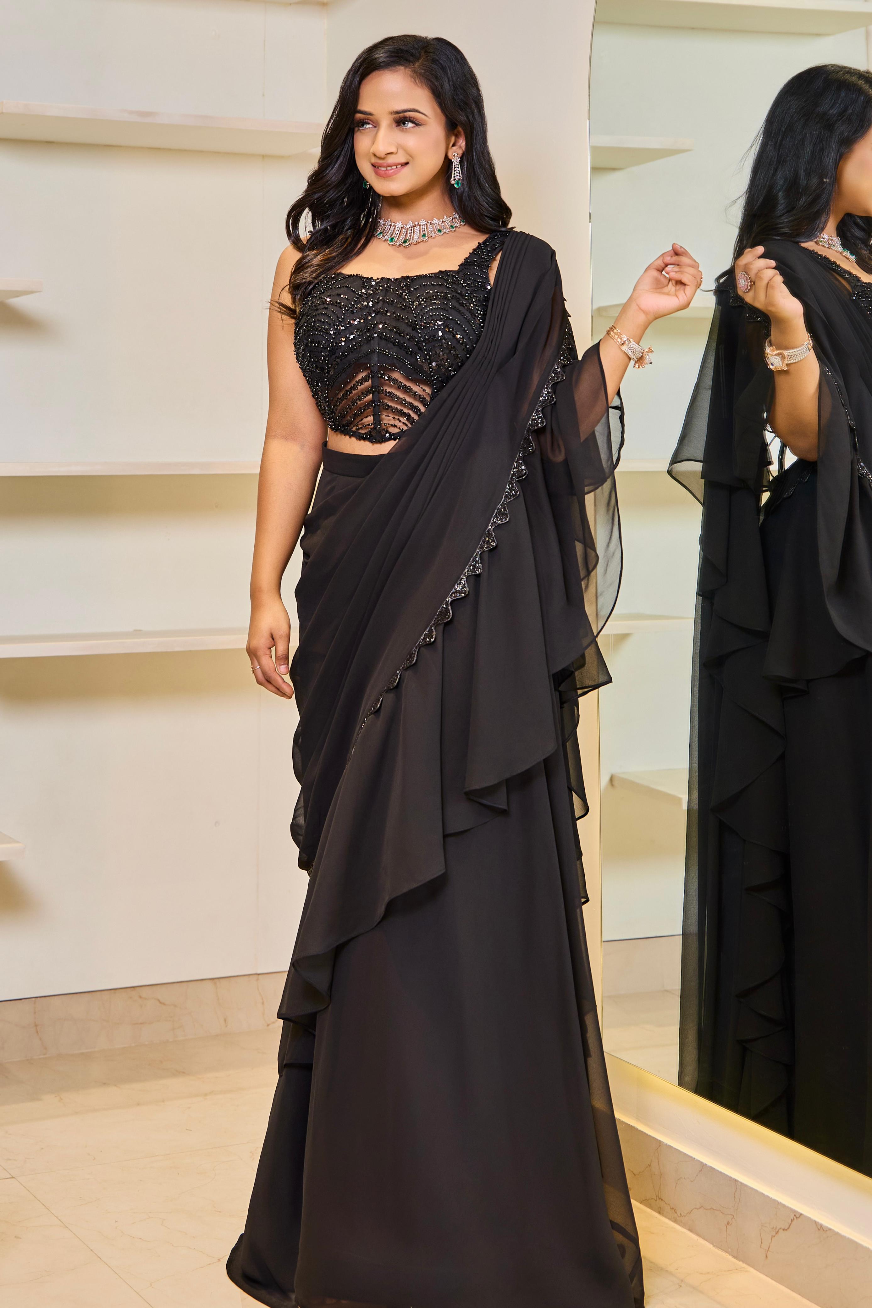 Ruffle Saree Set - Black