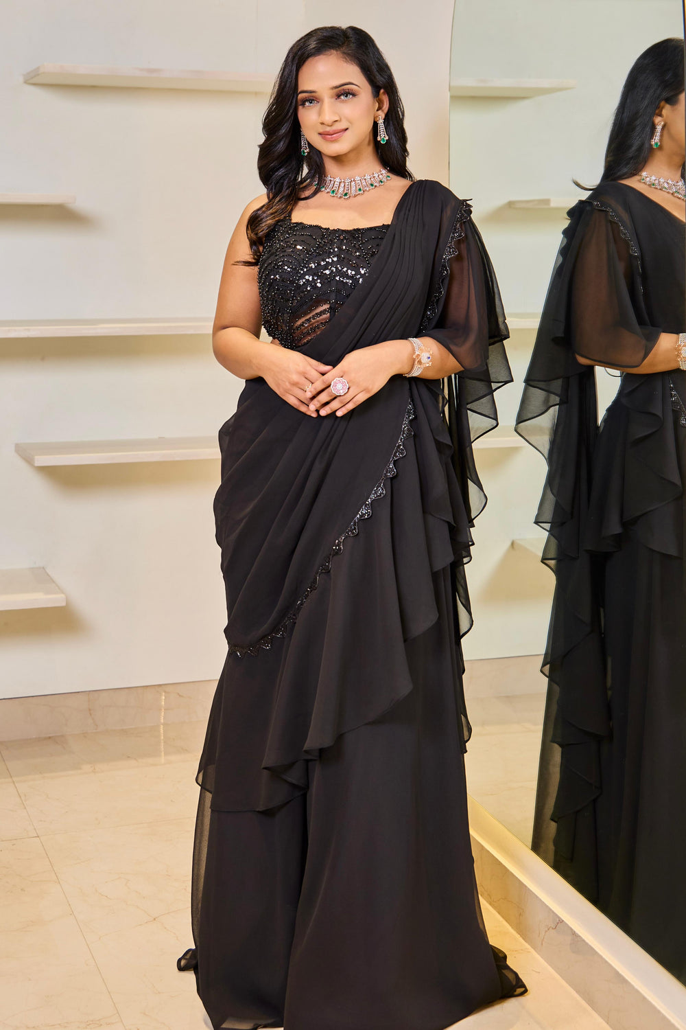 Ruffle Saree Set - Black