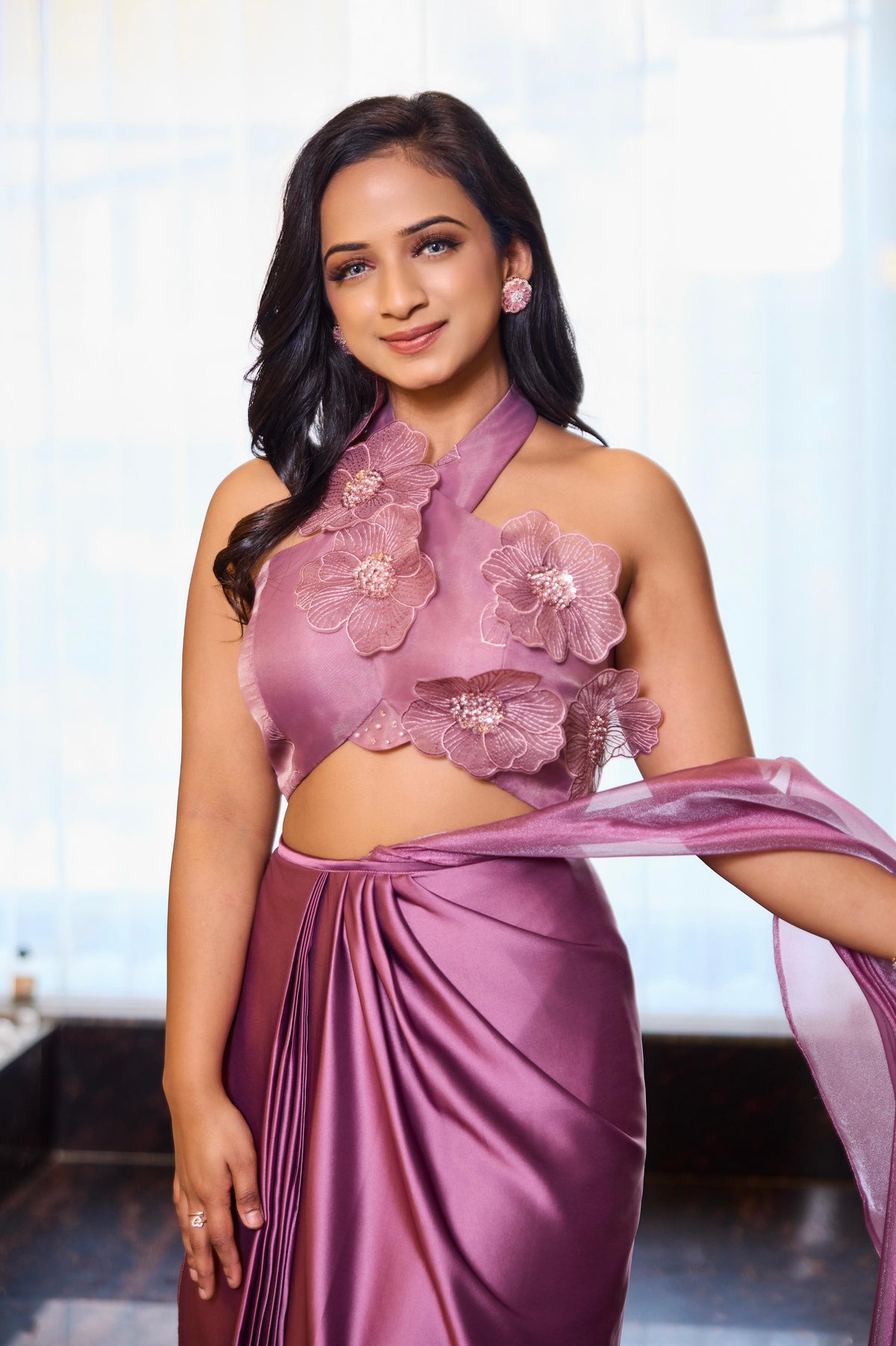 Blossom Draped Saree Set - Mostly Mauve