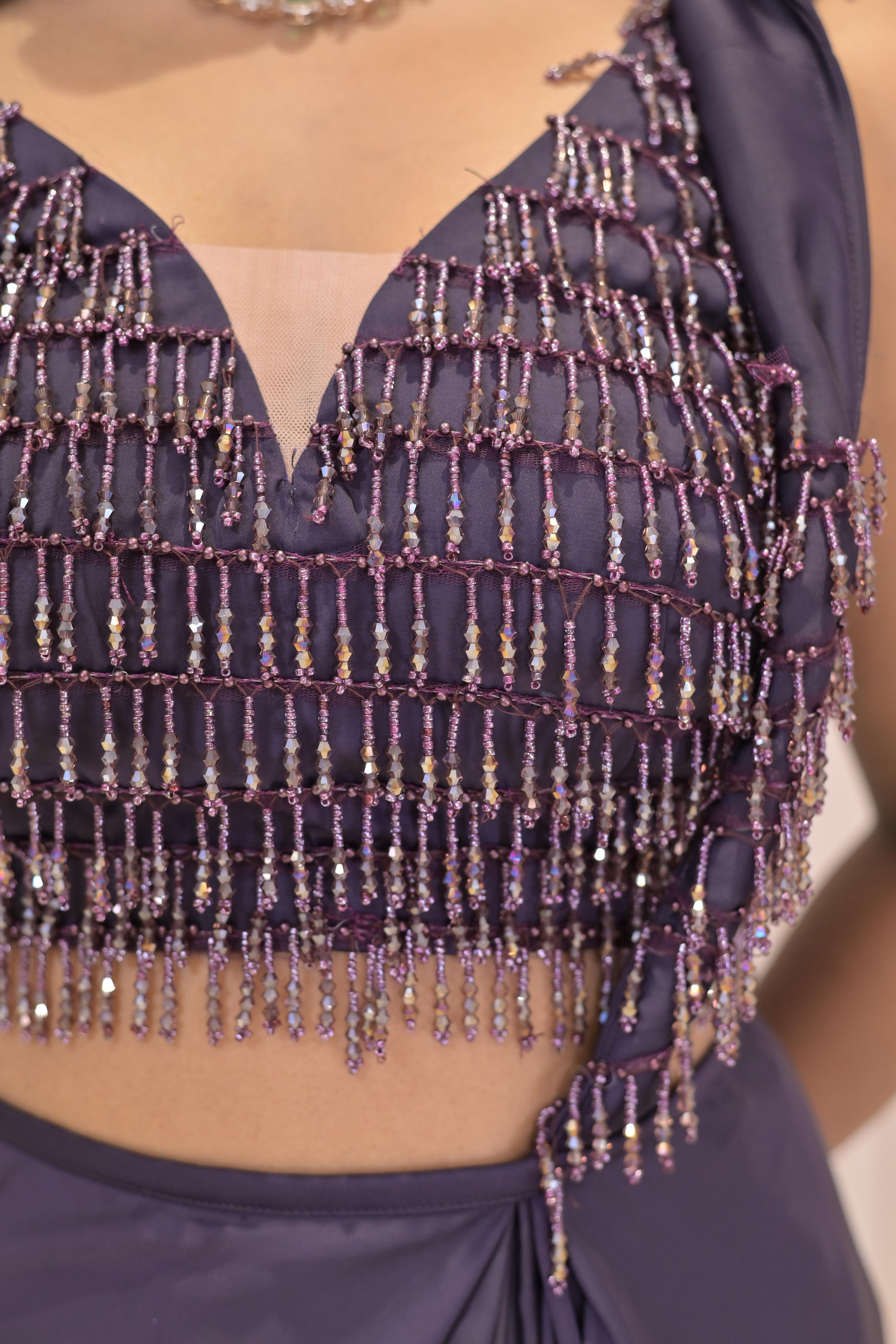 Tassel Draped Saree Set- Deep Purple