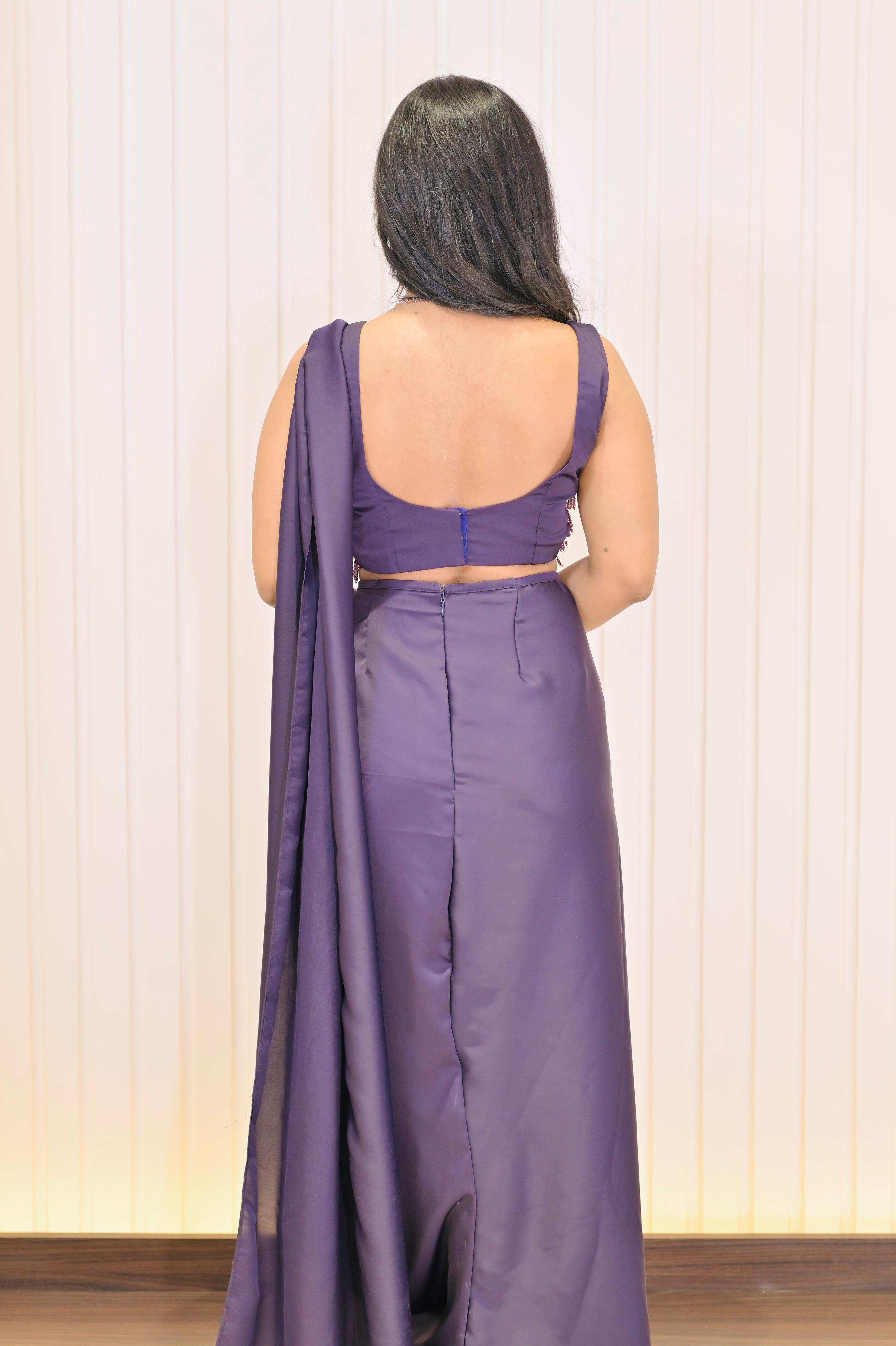 Tassel Draped Saree Set- Deep Purple