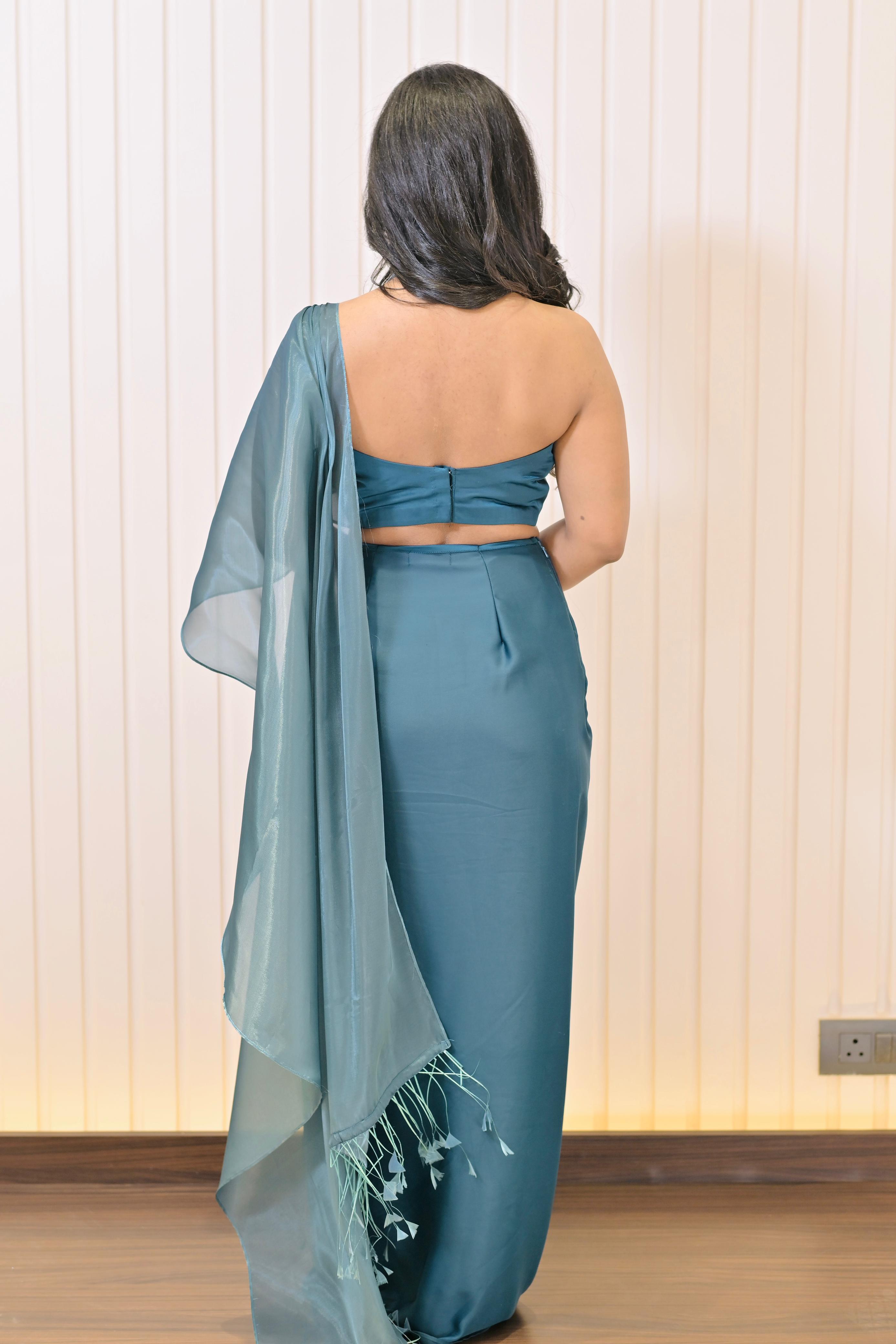 Blossom Draped Saree Set - Mostly Green