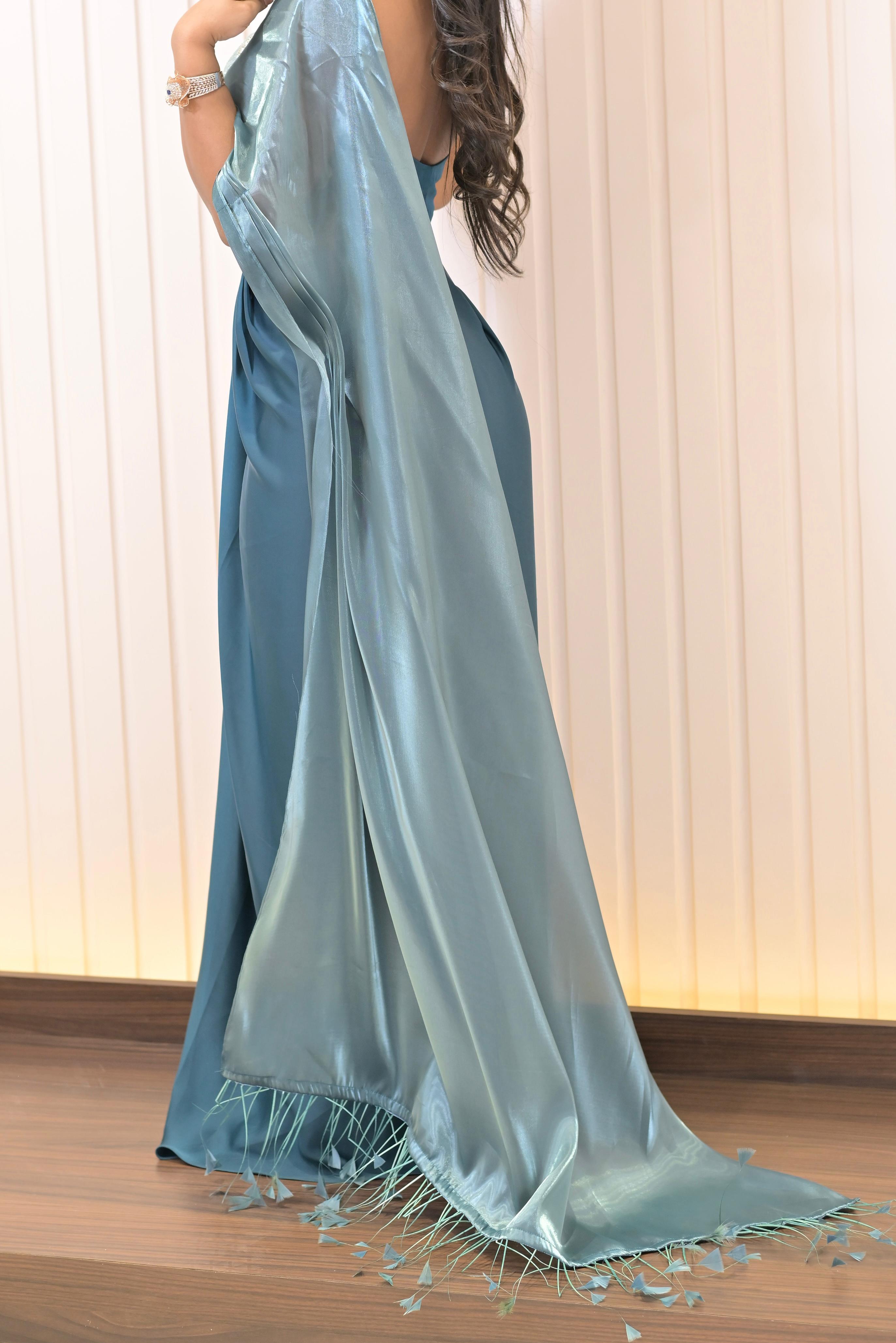 Blossom Draped Saree Set - Mostly Green