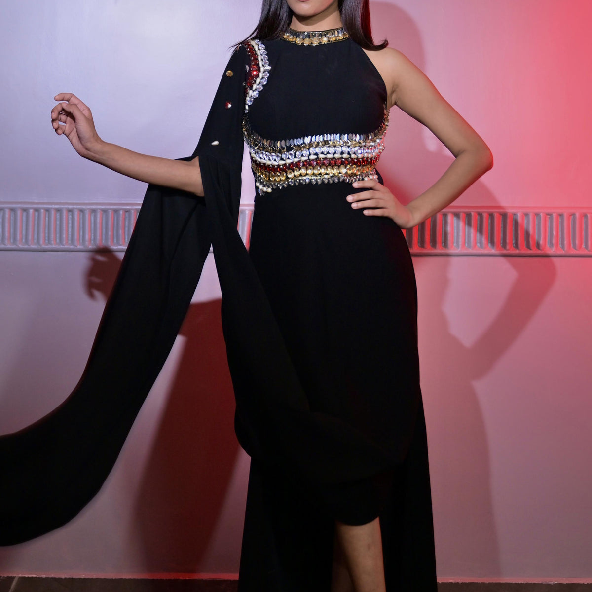 black v neck swarovski crystal embroidered wrap dress Double Crazy Wrap Detail Glitter Velvet Dress main image 1