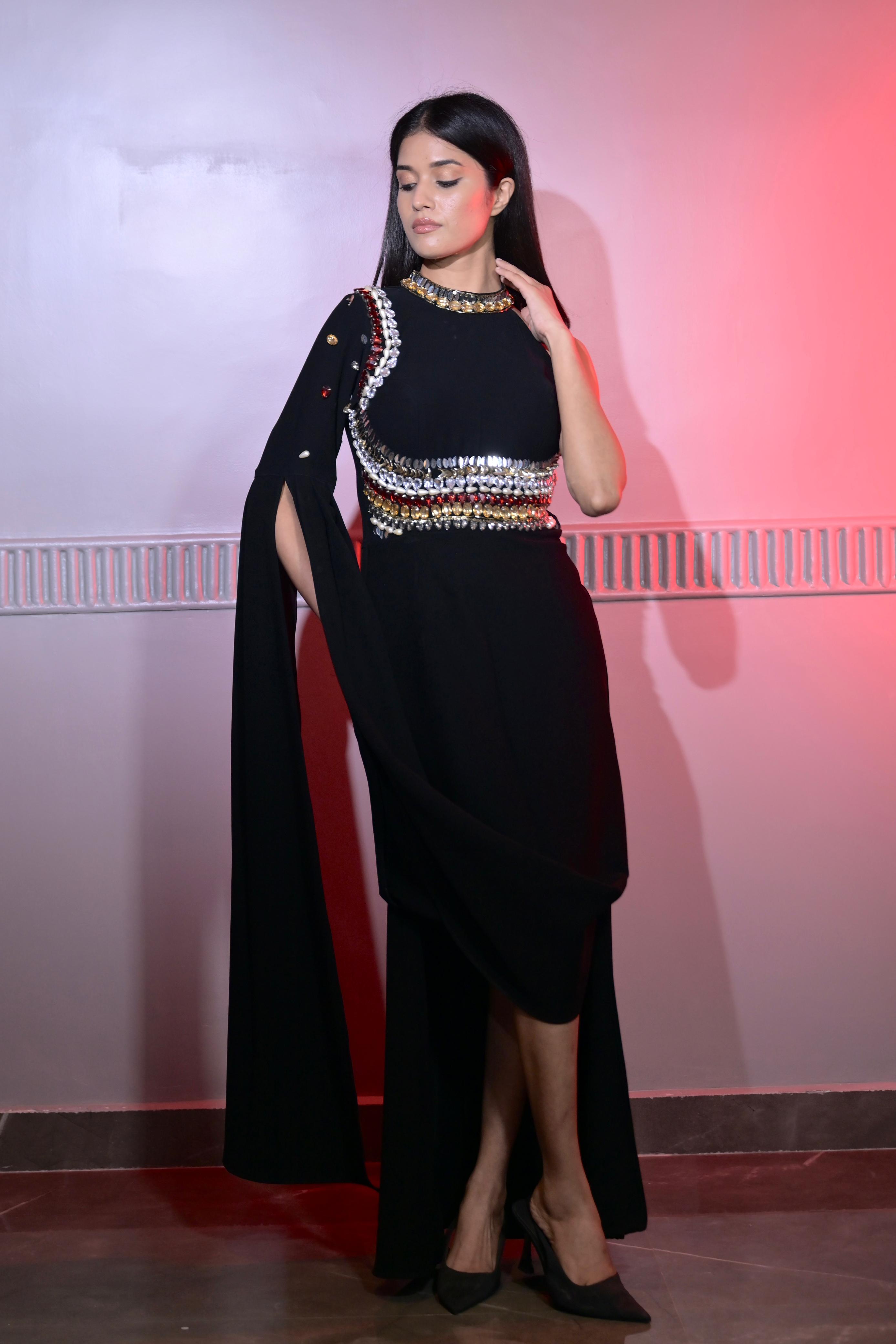 Swarovski & Crystal Indo Western Dress - Midnight Black