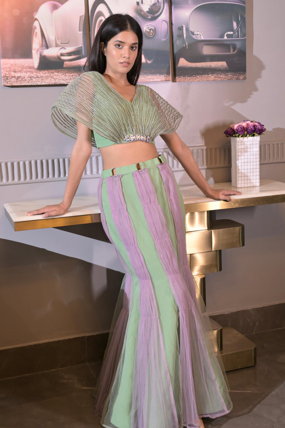 Color Blocked Statement Lehenga - Mint Green & Lavender