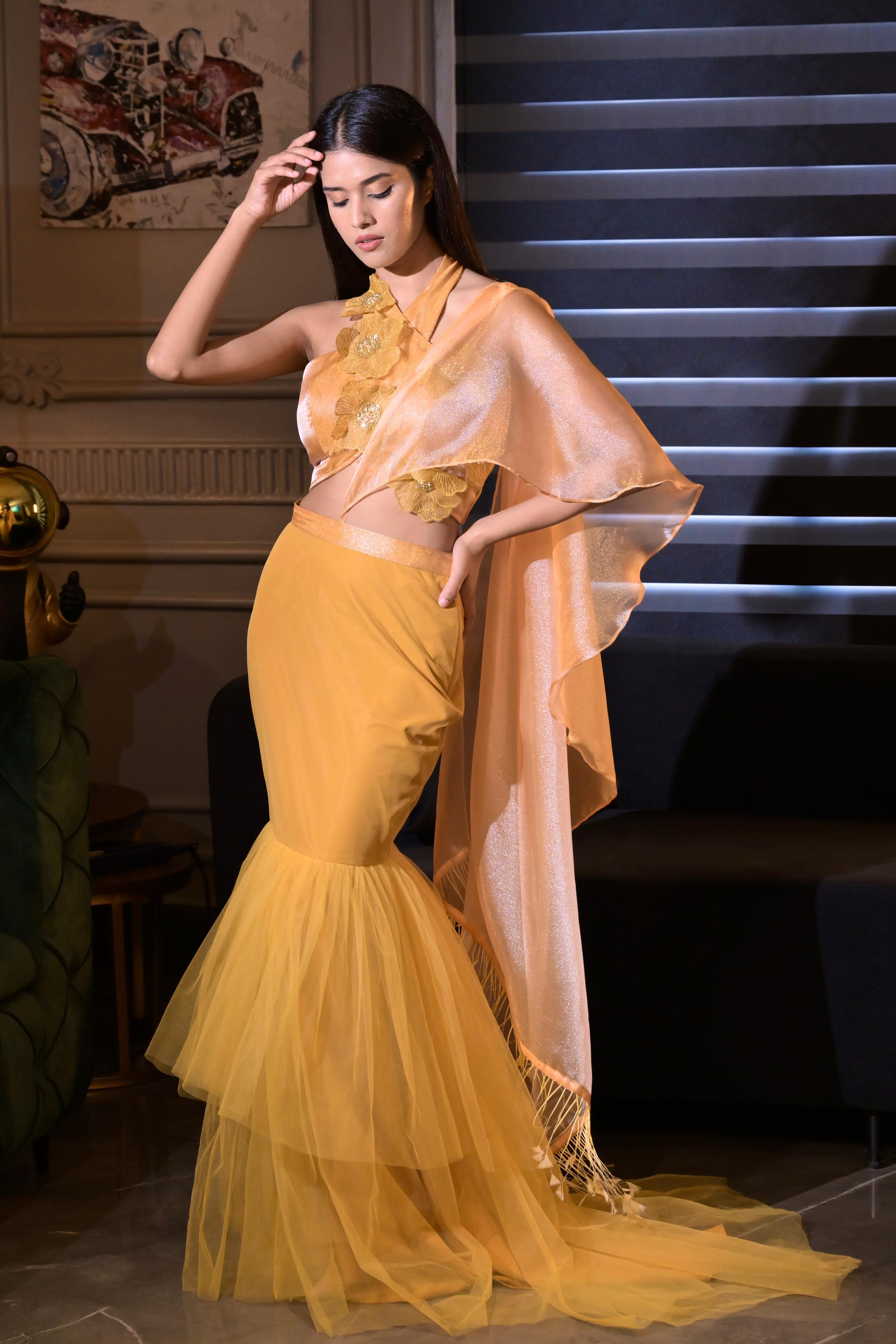 Fish Cut Lehenga Set- Caramel Gold