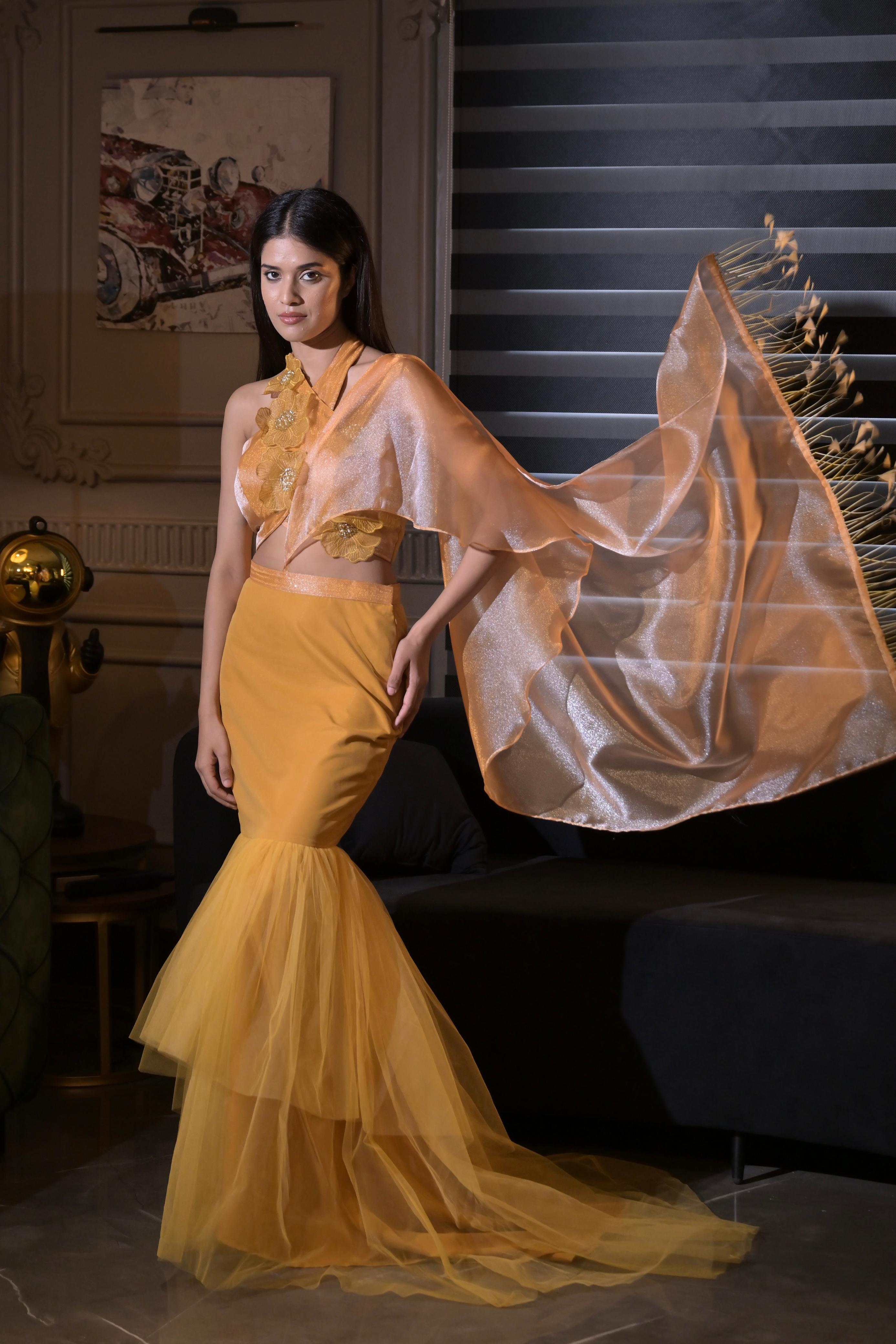 Fish Cut Lehenga Set- Caramel Gold