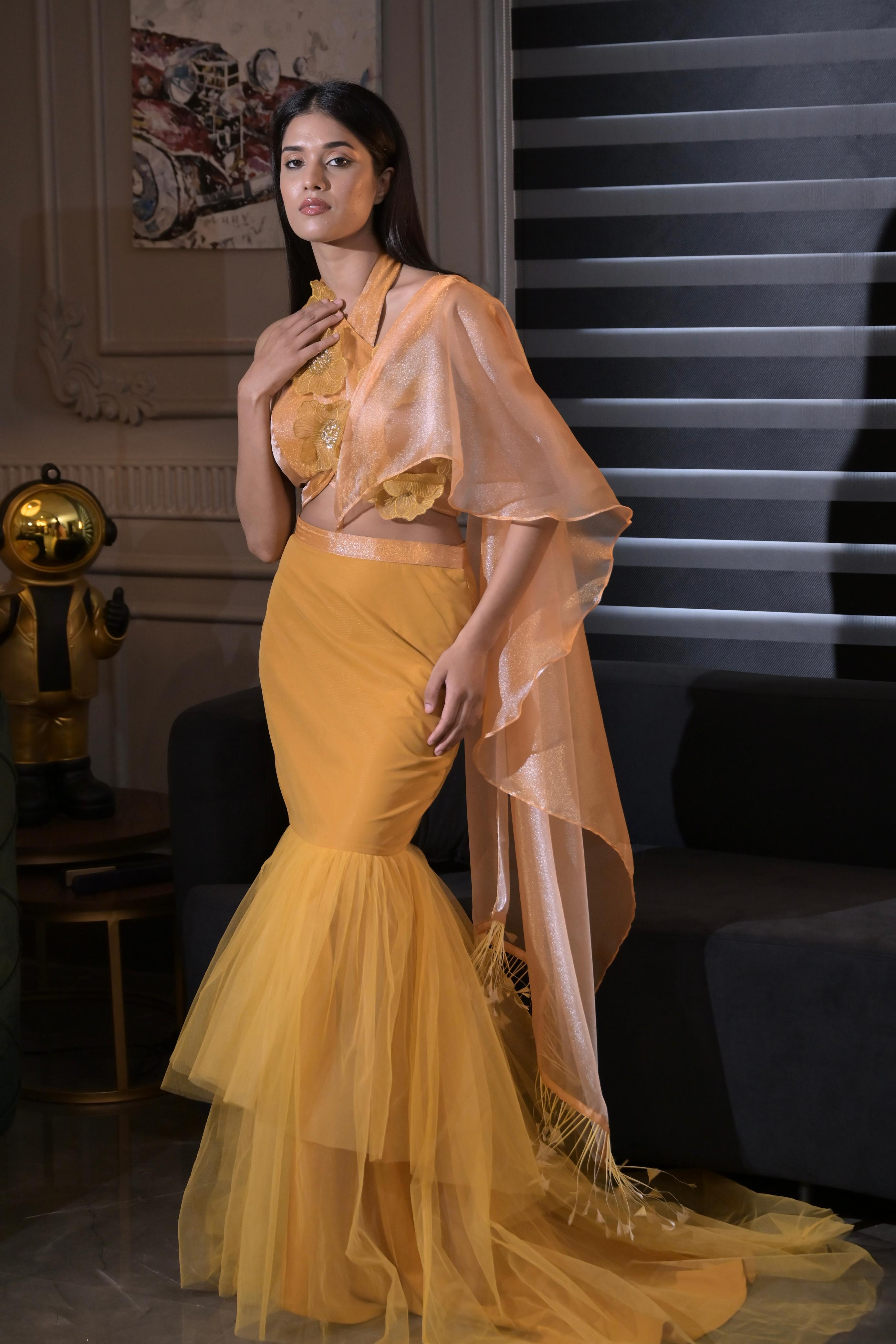 Fish Cut Lehenga Set- Caramel Gold