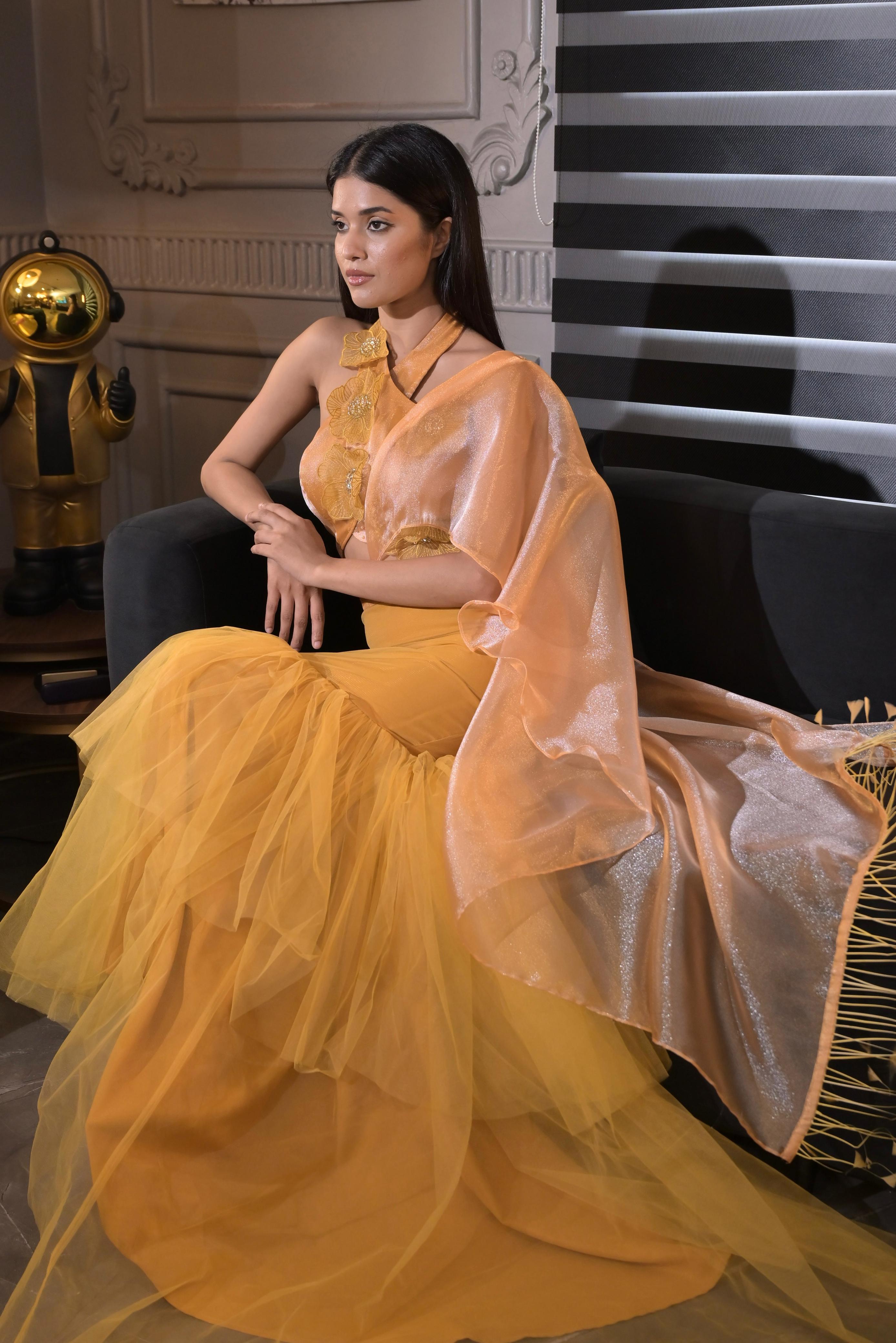 Fish Cut Lehenga Set- Caramel Gold