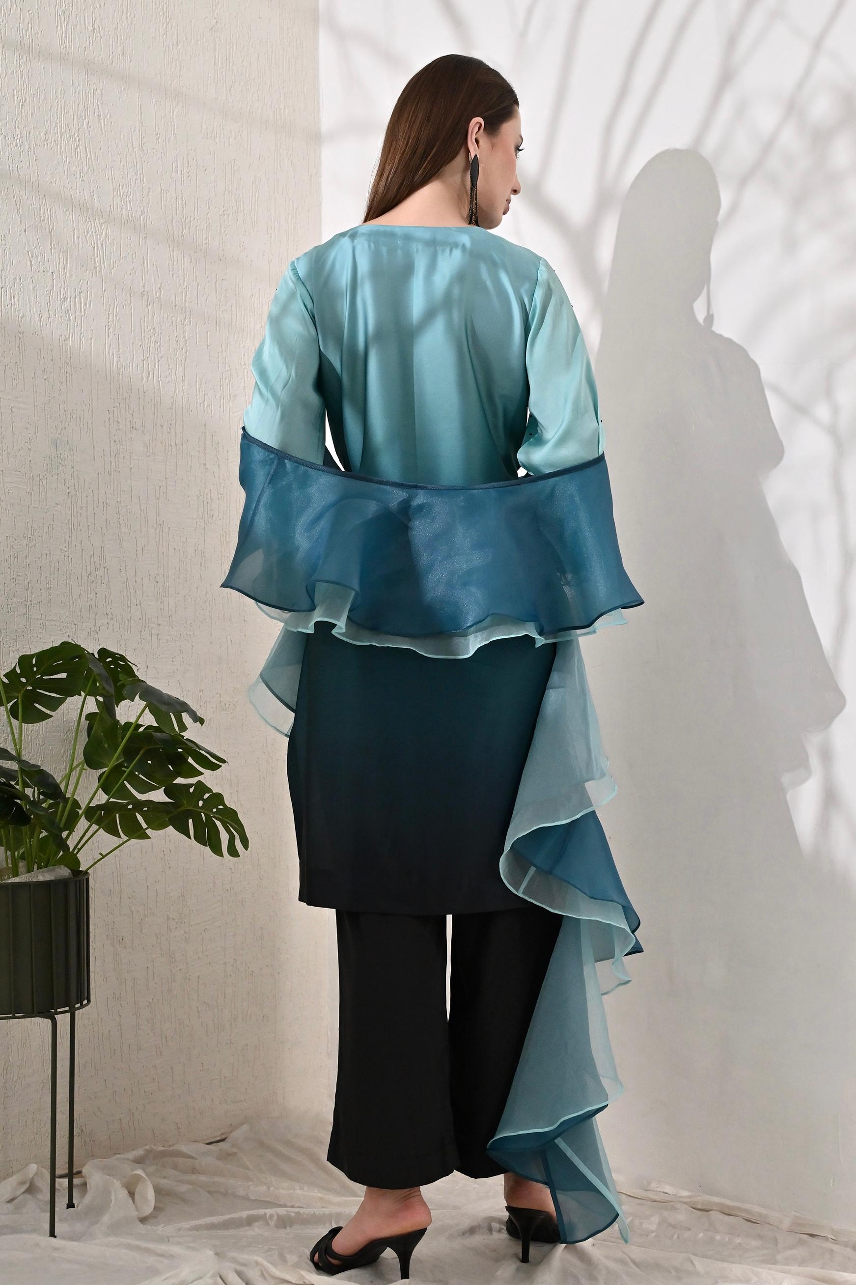 3-Piece Suit Set with Ruffle Dupatta - Turquoise Ombre Hue