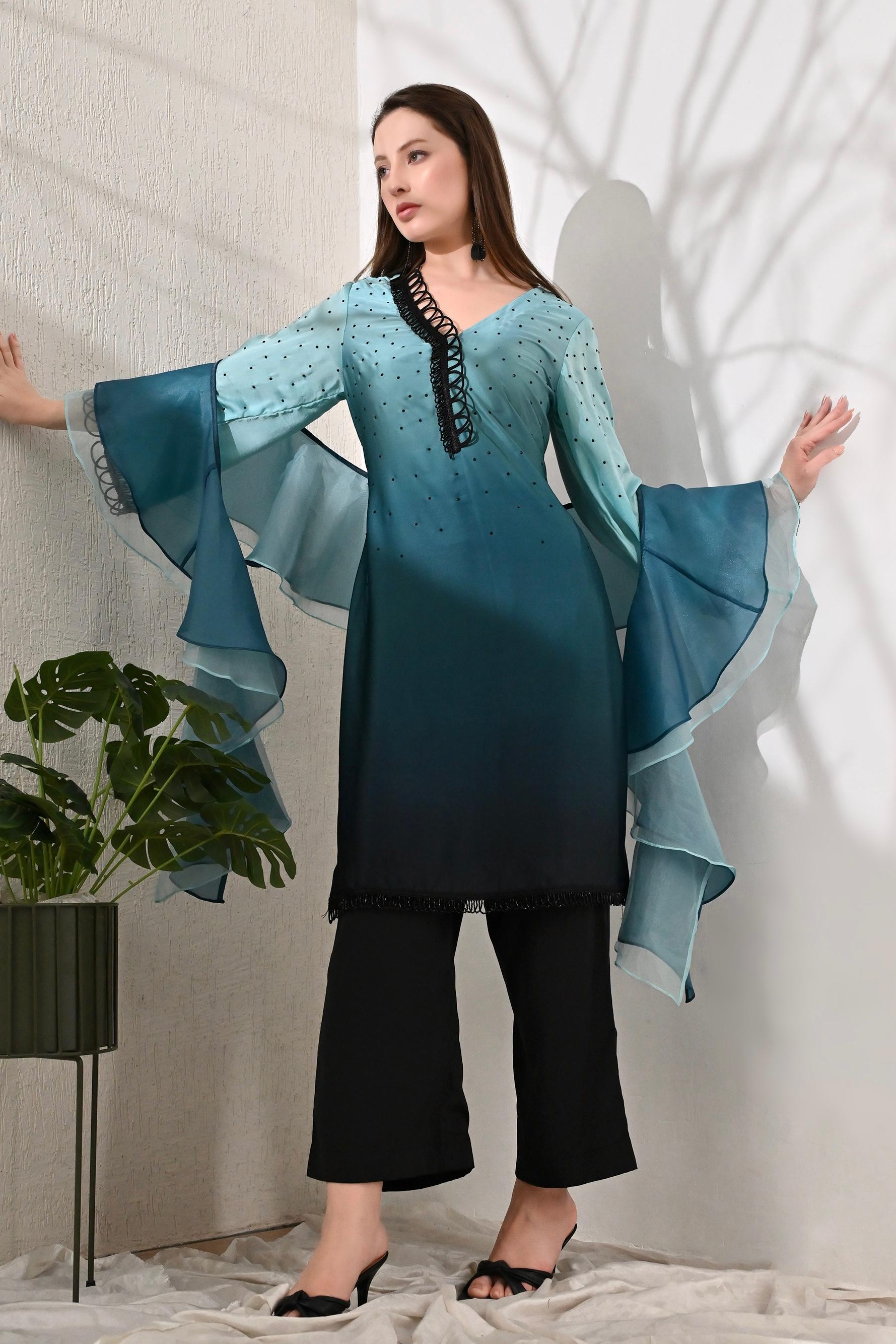 3-Piece Suit Set with Ruffle Dupatta - Turquoise Ombre Hue