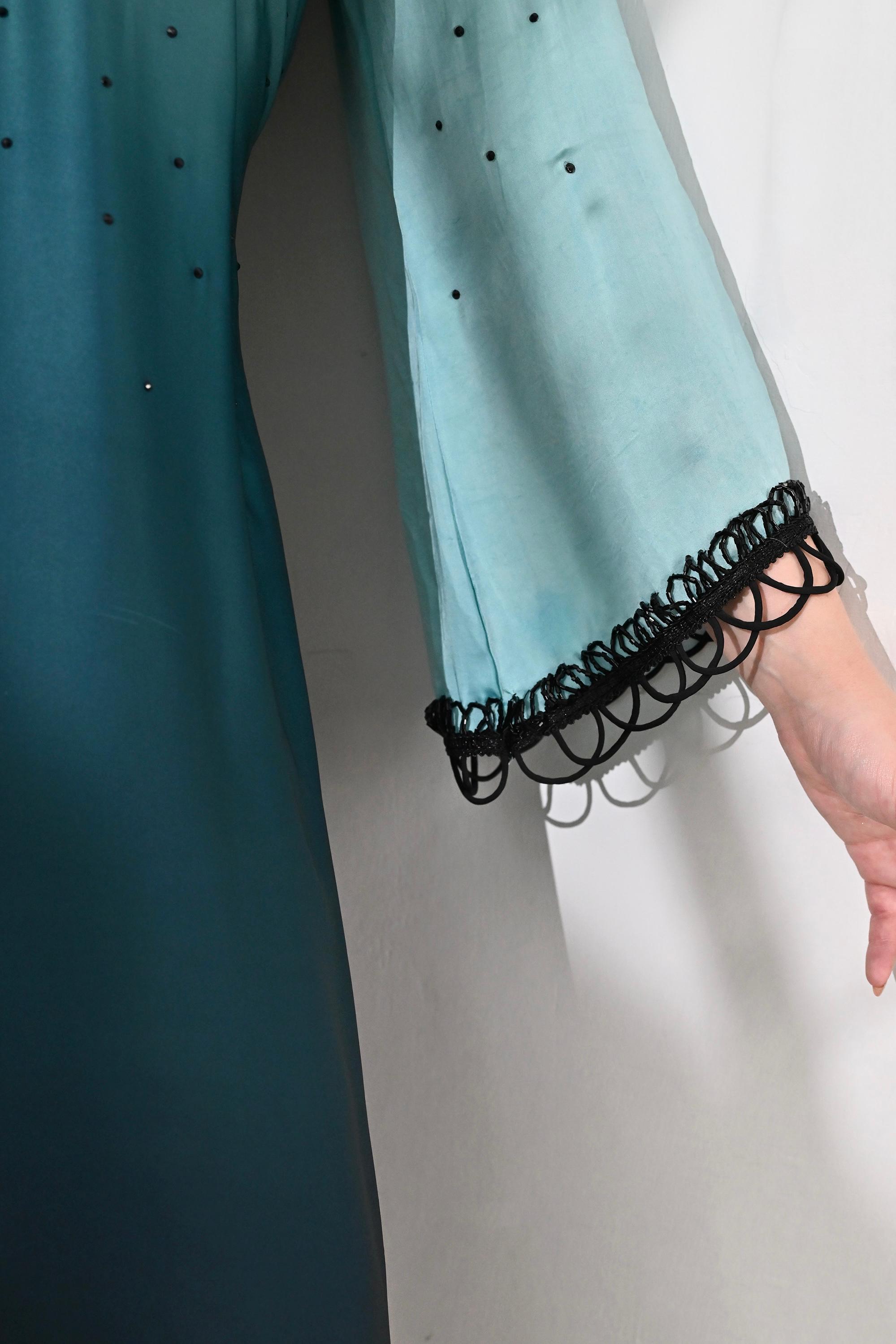 3-Piece Suit Set with Ruffle Dupatta - Turquoise Ombre Hue