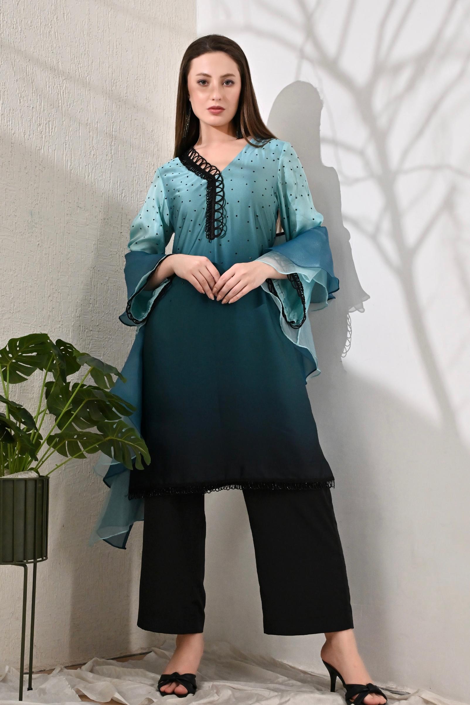 3-Piece Suit Set with Ruffle Dupatta - Turquoise Ombre Hue