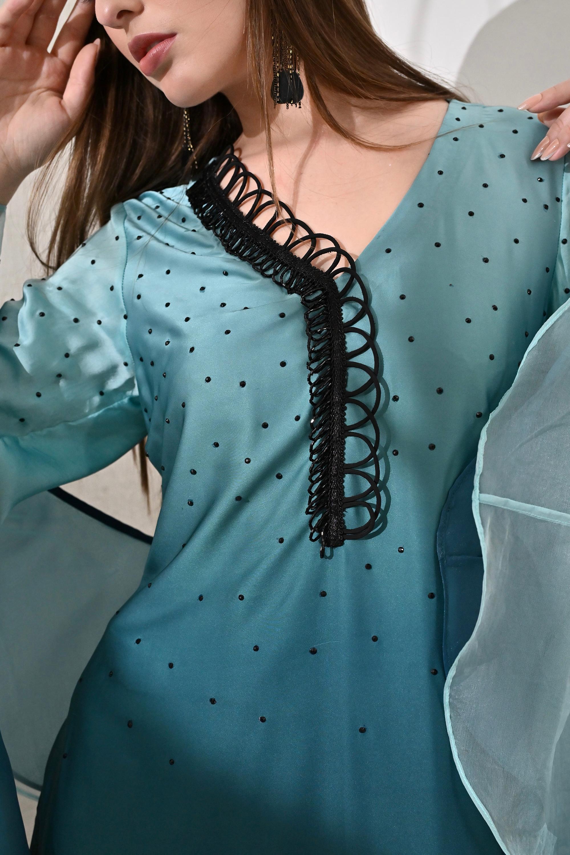 3-Piece Suit Set with Ruffle Dupatta - Turquoise Ombre Hue