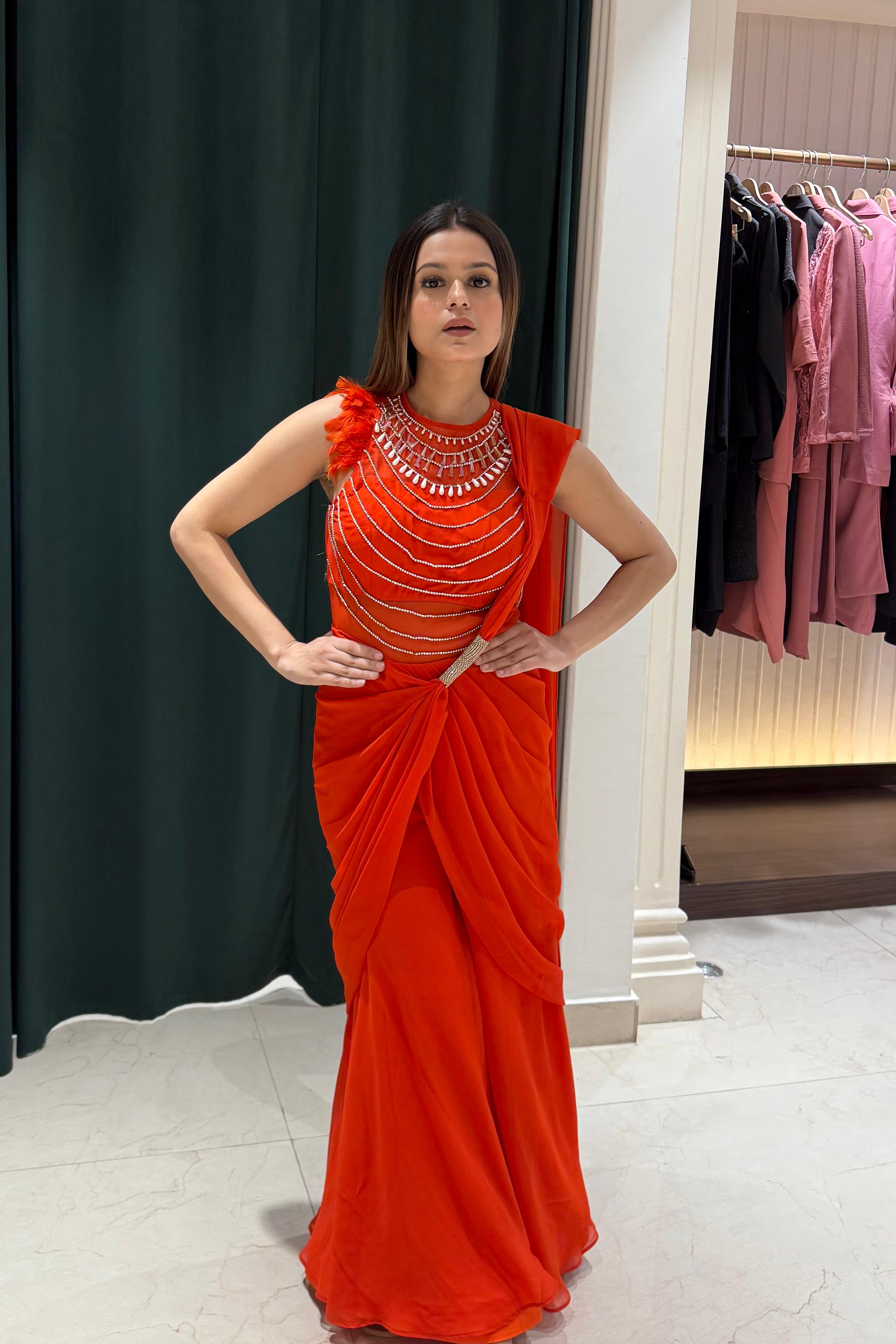 Sunset Sorbet One Piece Saree - Tangerine