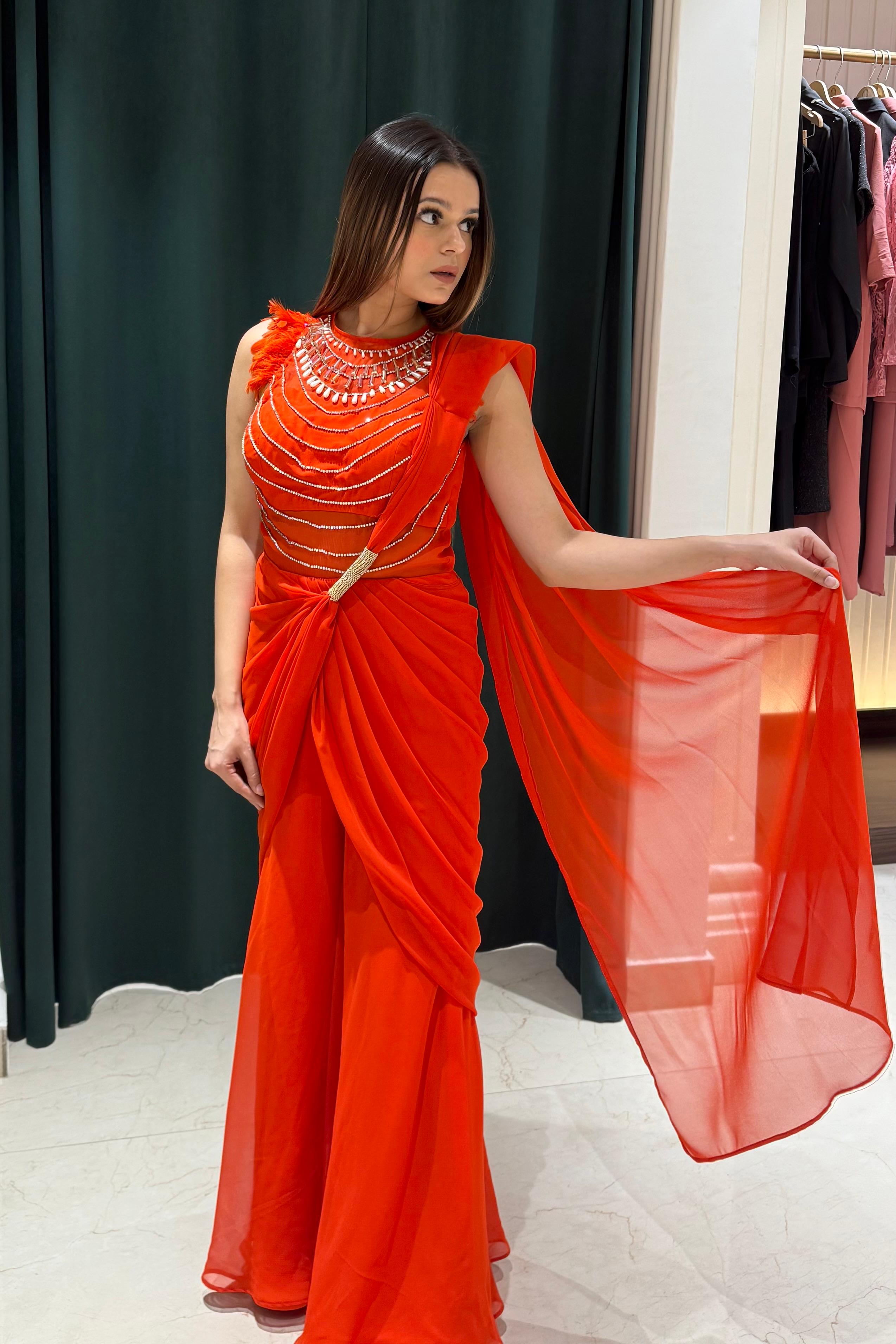 Sunset Sorbet One Piece Saree - Tangerine