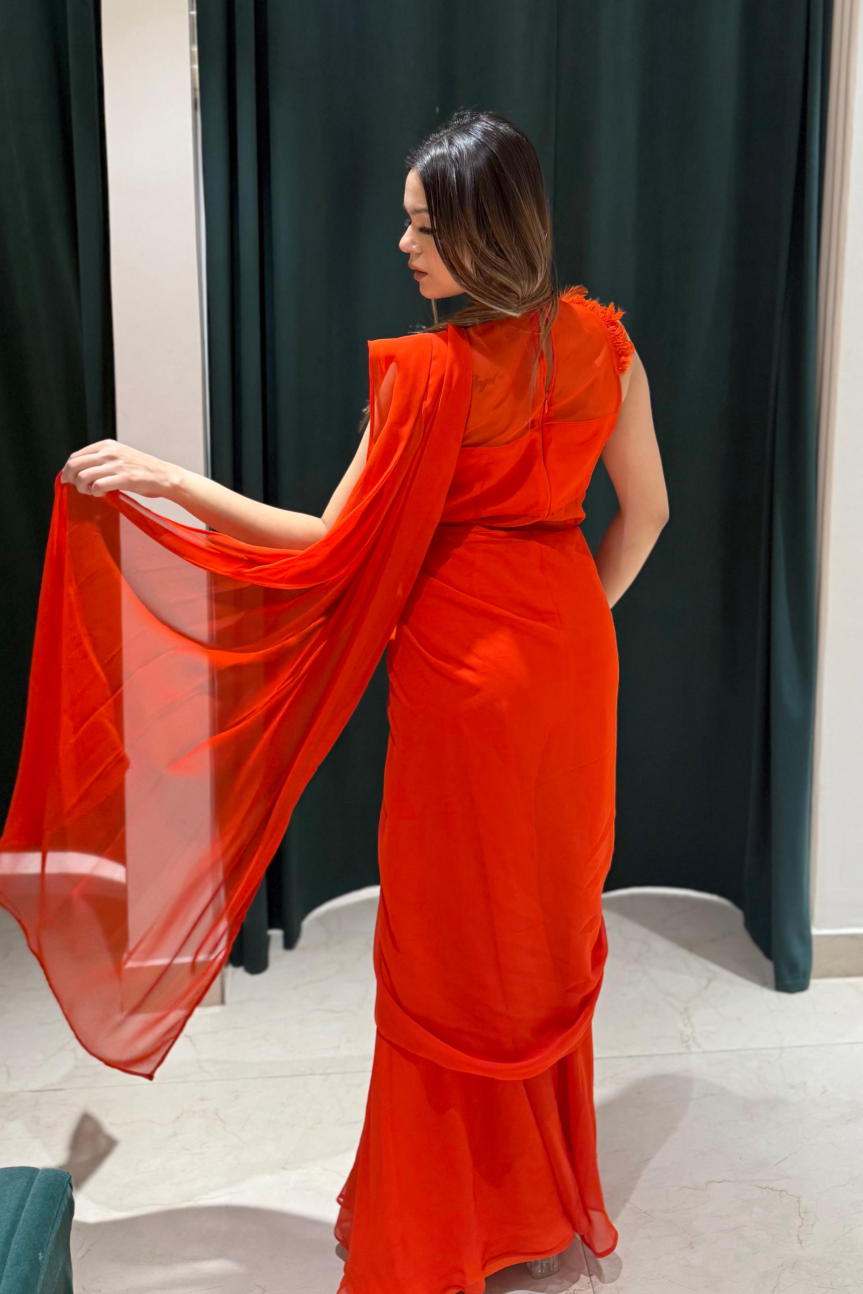 Sunset Sorbet One Piece Saree - Tangerine