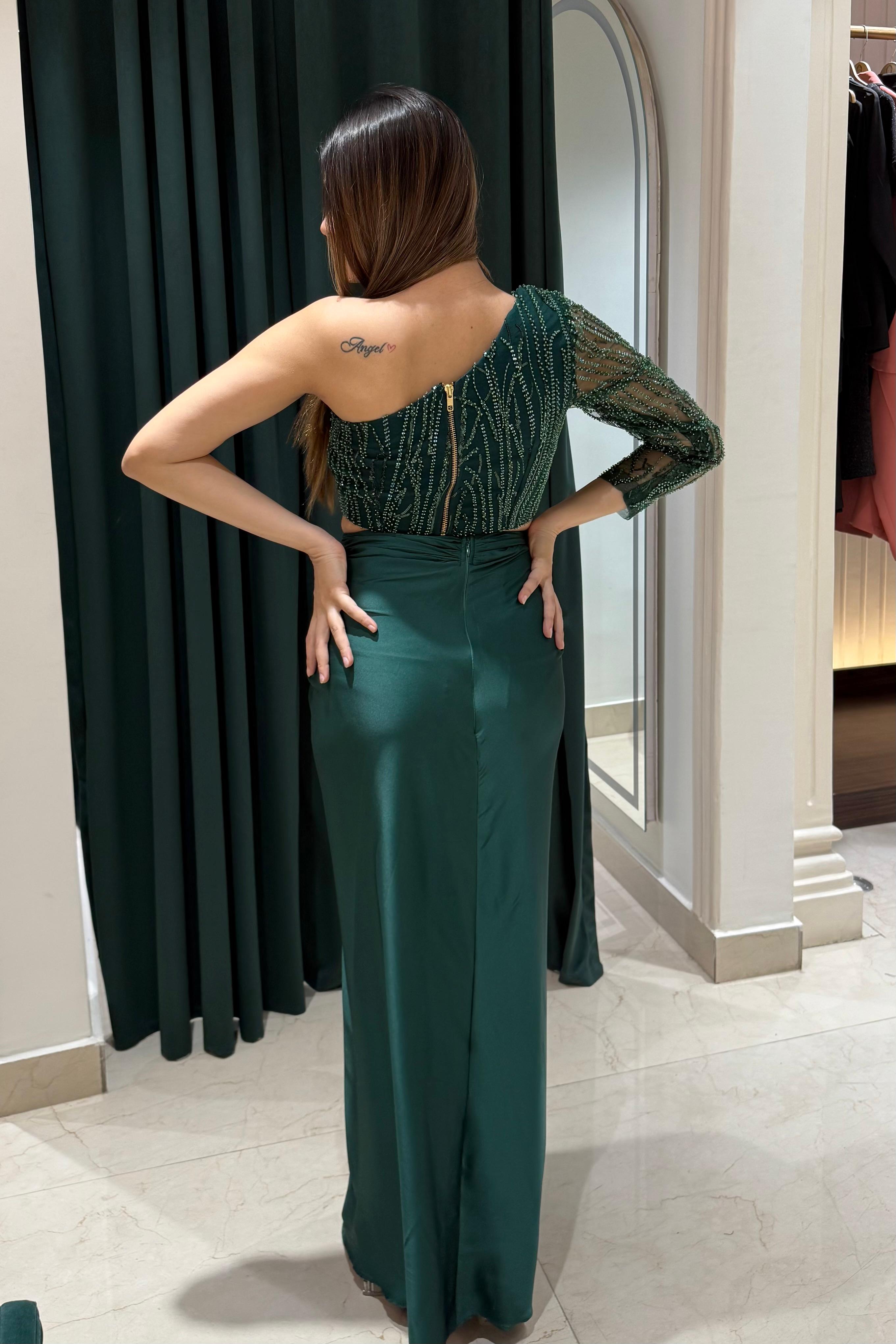 One Shoulder Indo Western Set: Emerald Green