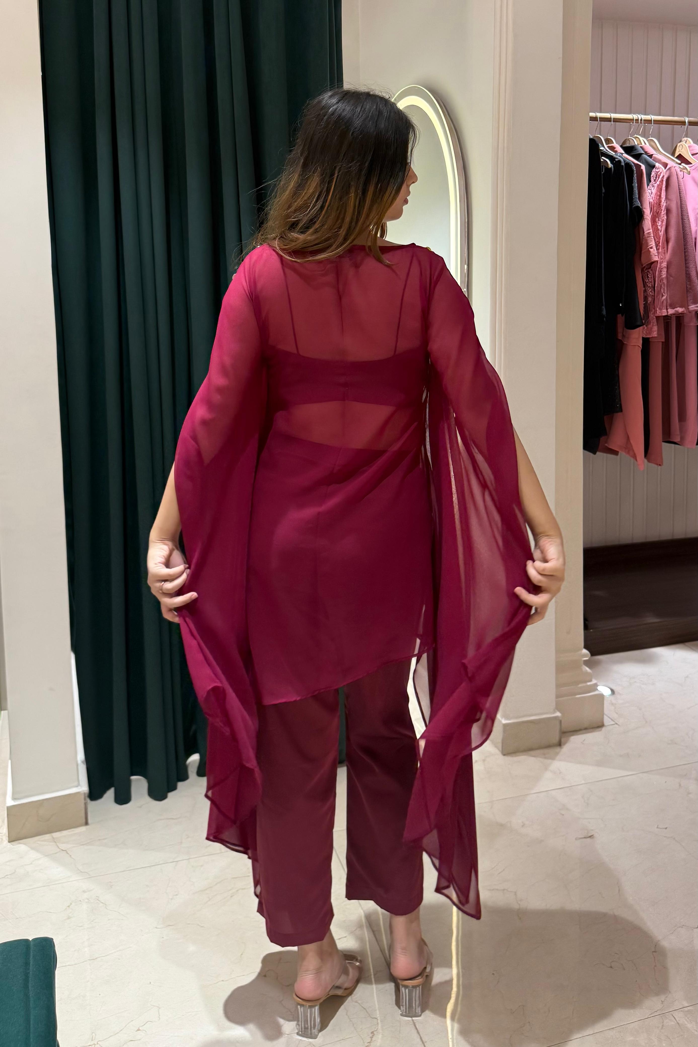 3 Piece Indo Western Set: Ruby Red