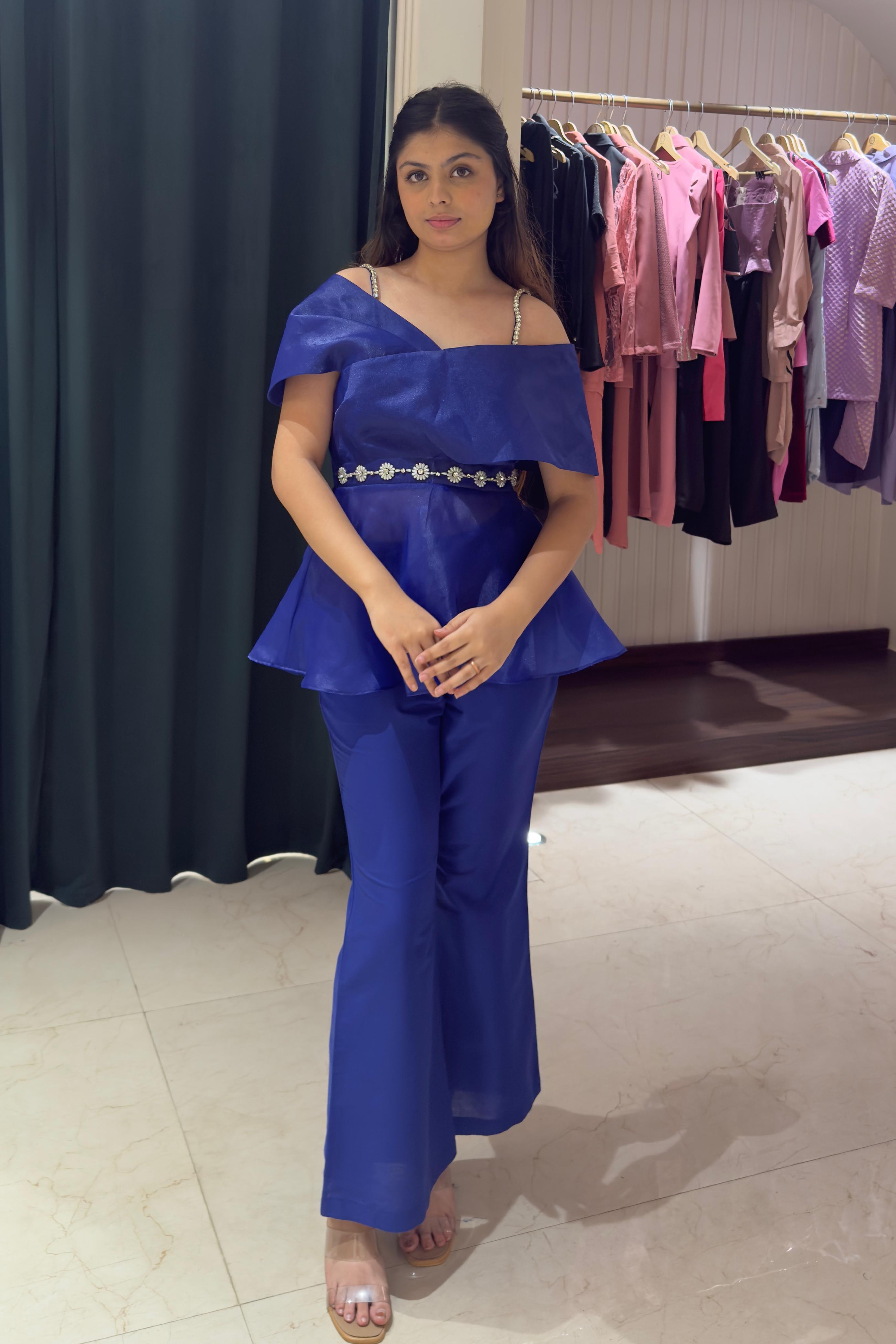 Off Shoulder Co-Ord Set: Indigo Blue