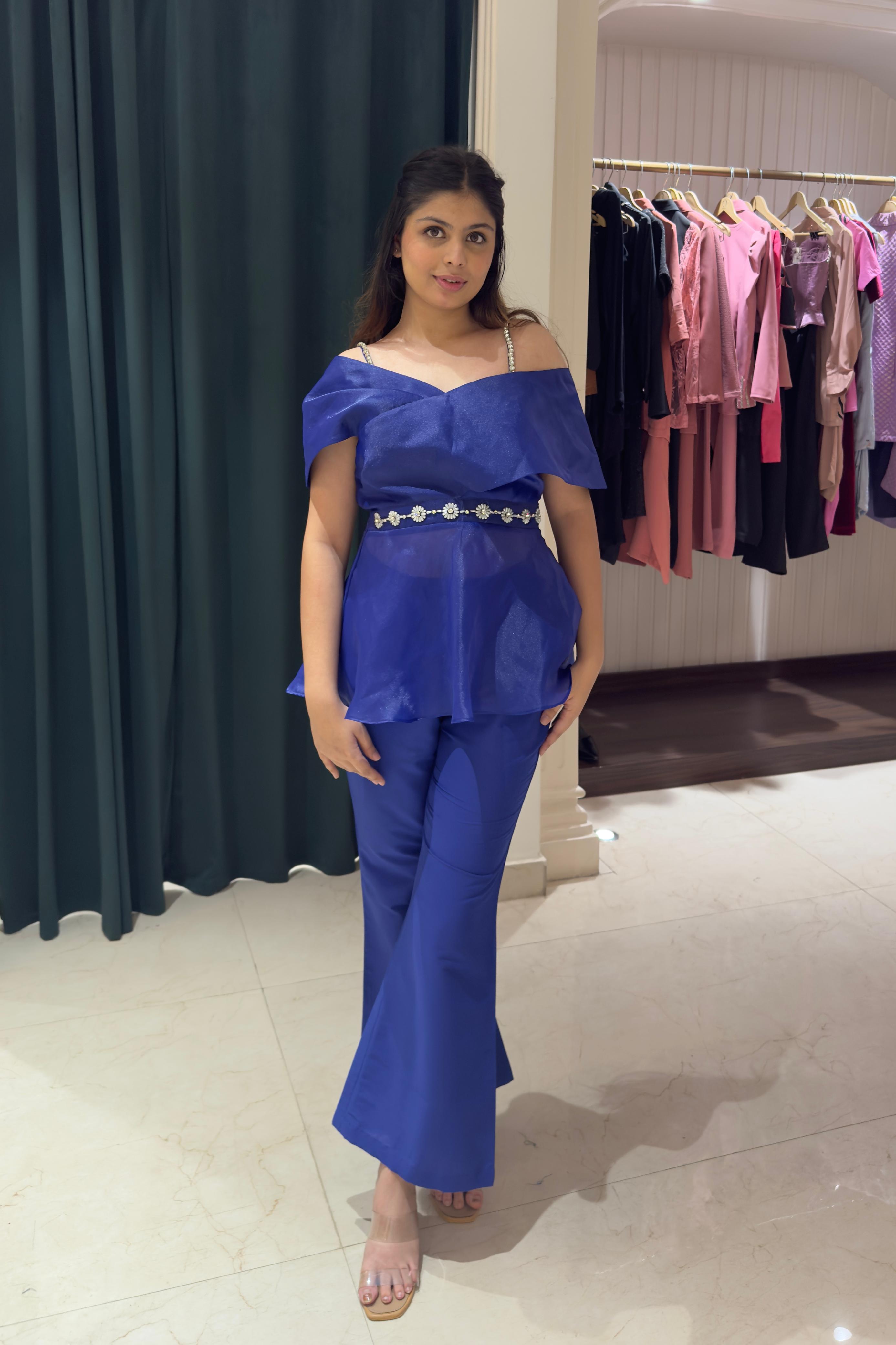 Off Shoulder Co-Ord Set: Indigo Blue