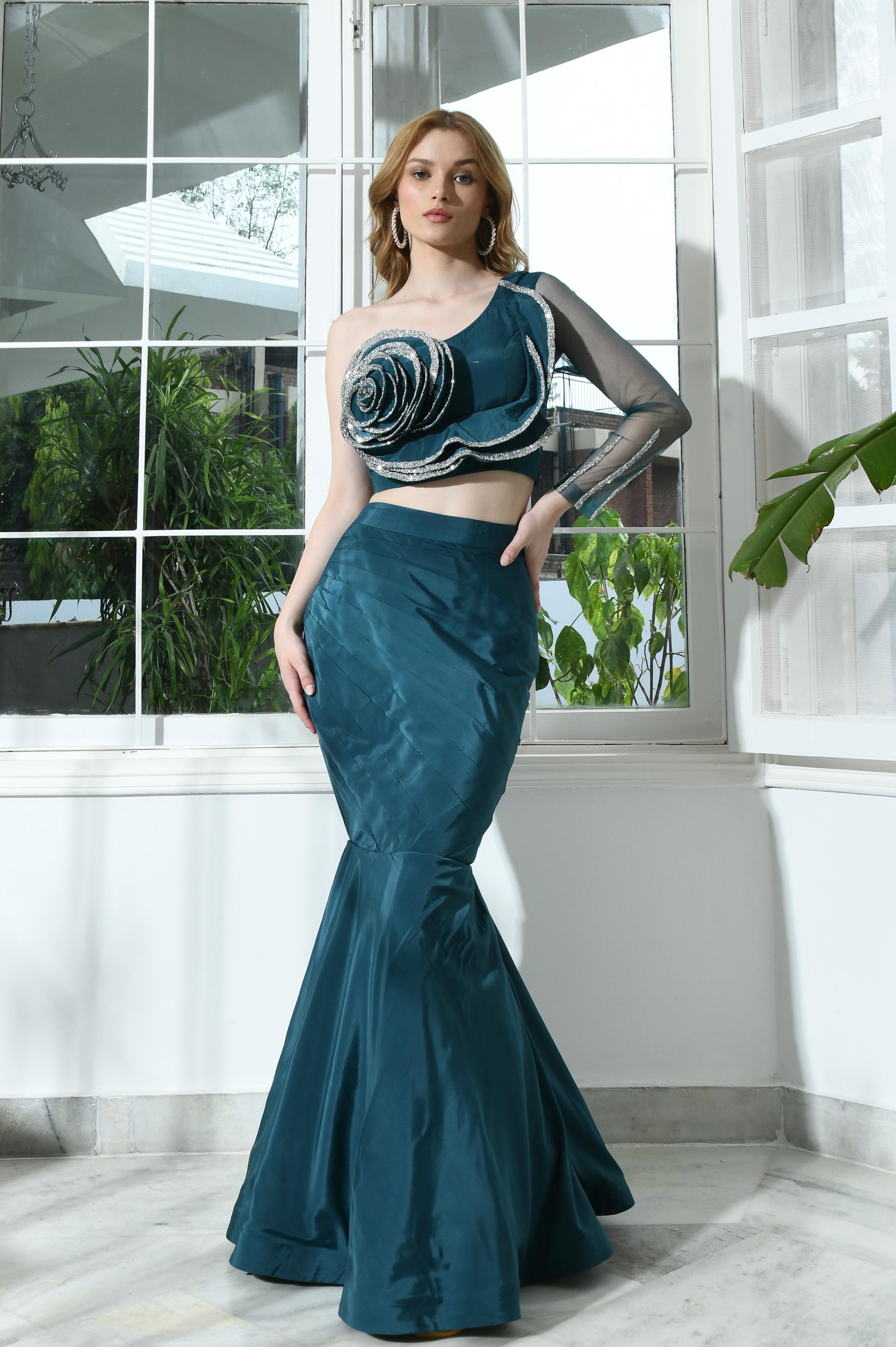 Signature Forever Rose Lehenga Set  - Aqua Teal