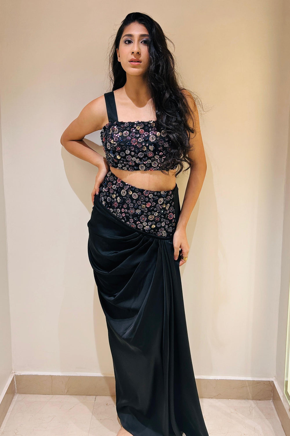 Indo Western Embellished Drape Set - Deep Black