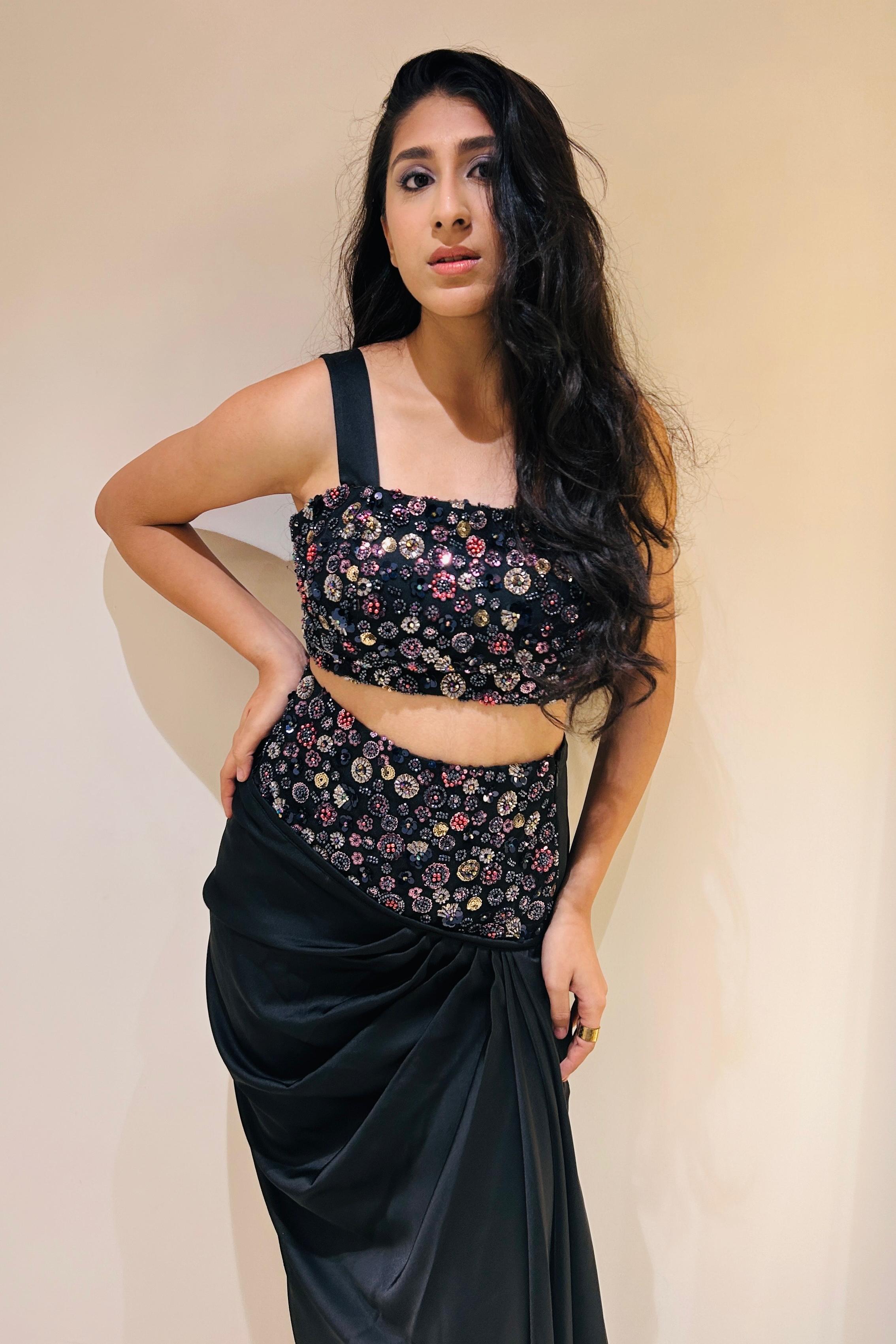 Indo Western Embellished Drape Set - Deep Black