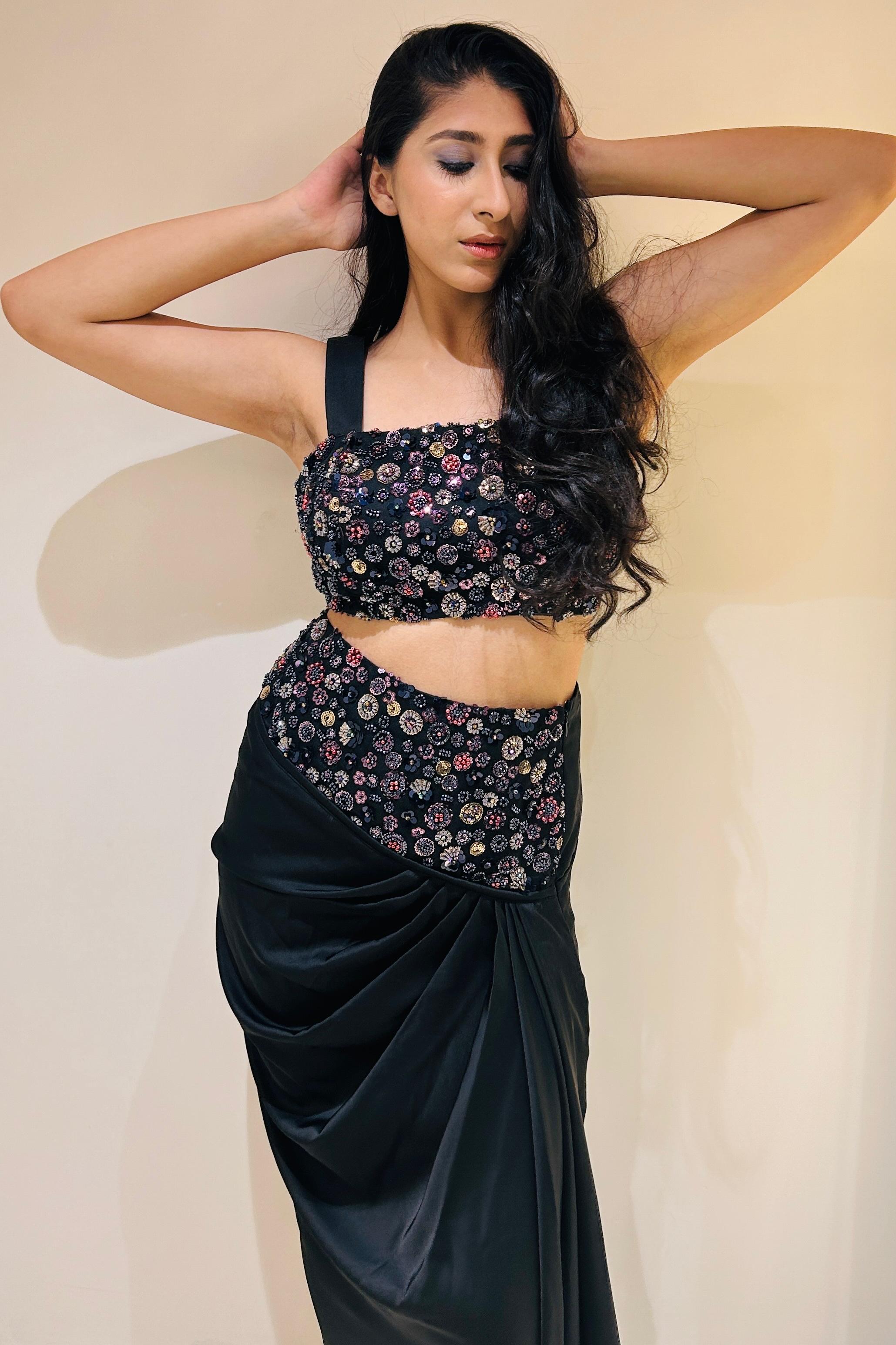 Indo Western Embellished Drape Set - Deep Black