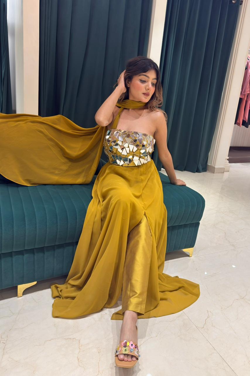 Shards Embellished Indo Western Set - Mustard Haze