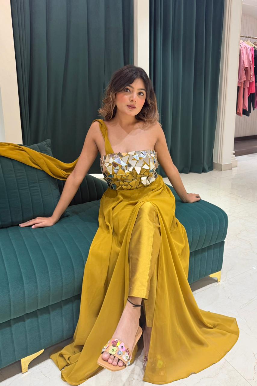 Shards Embellished Indo Western Set - Mustard Haze