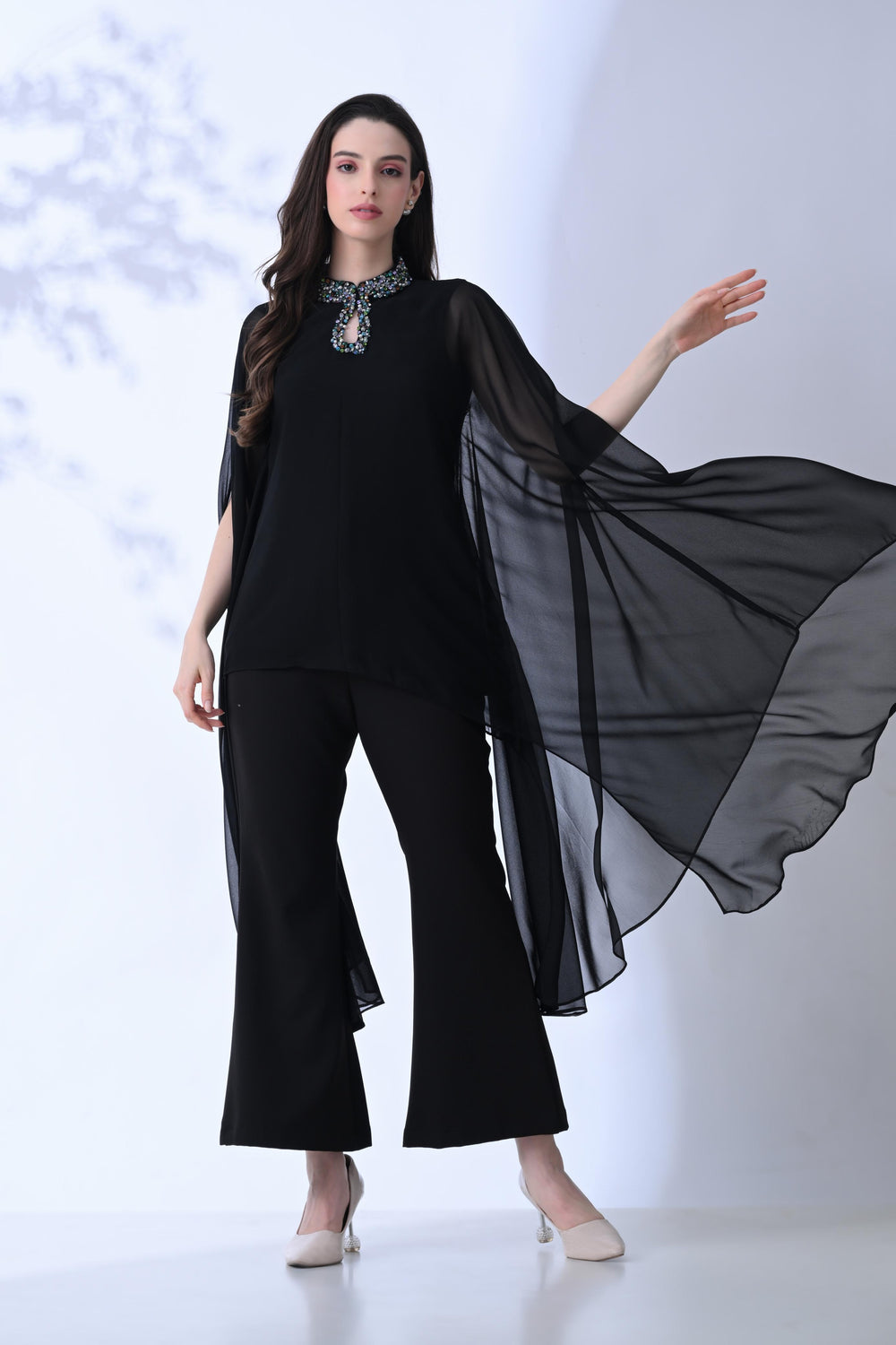 Hand Detailed Cape Co-Ord Set : Elegant Black
