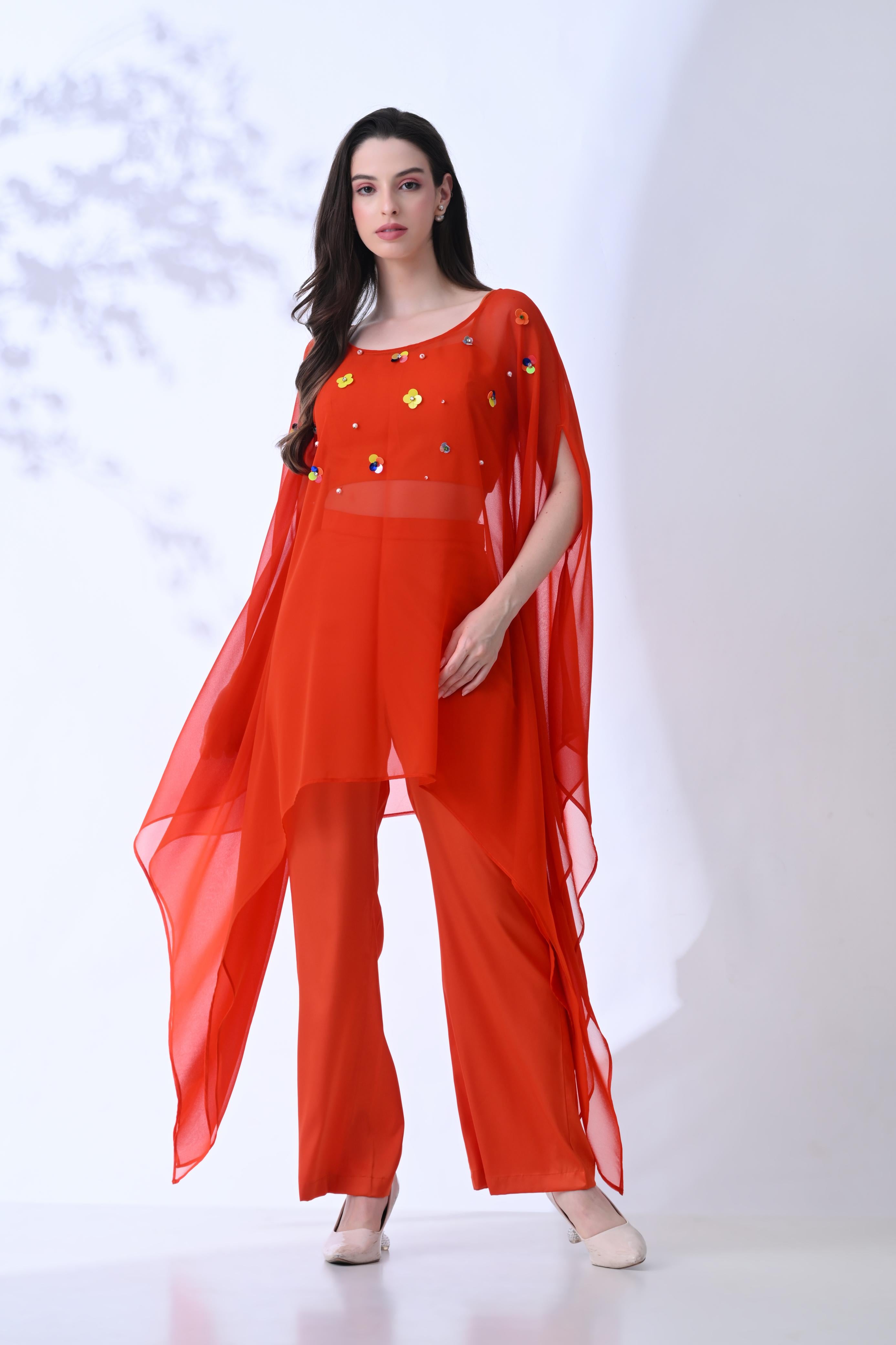 3 Piece Indo Western Set: Deep Orange