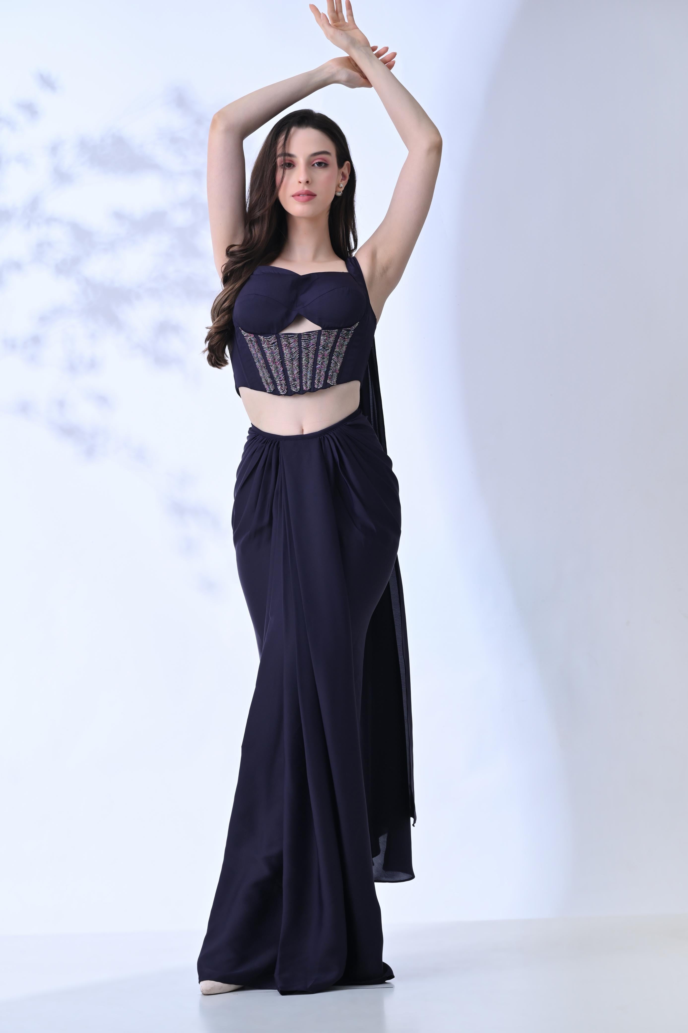 Handset Crystal Corset Saree - Deep Purple