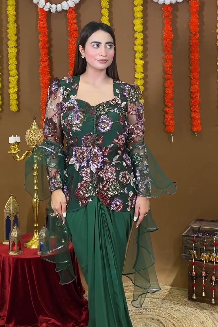 NOOR SEHGAL in Embellished 3-Piece Indo Western Set - Signature Green