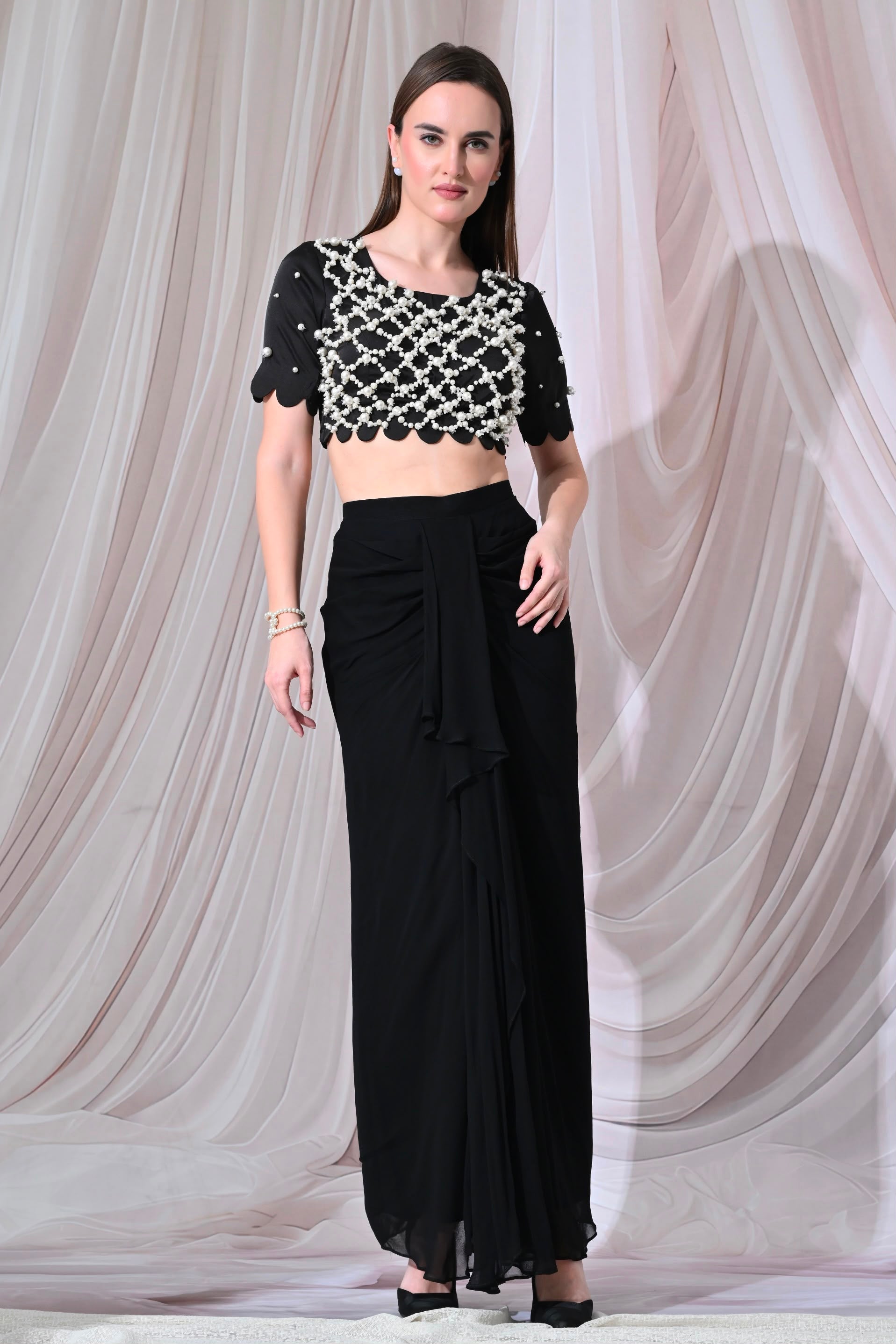 Celeste Pearl-Embellished Black Indo-Western Set – catalogue view 1