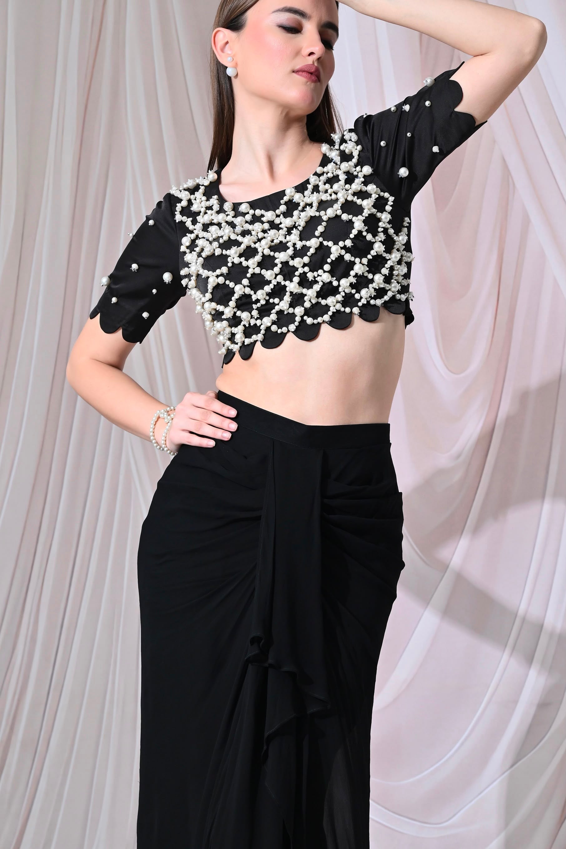 Celeste Pearl-Embellished Black Indo-Western Set – catalogue view 4