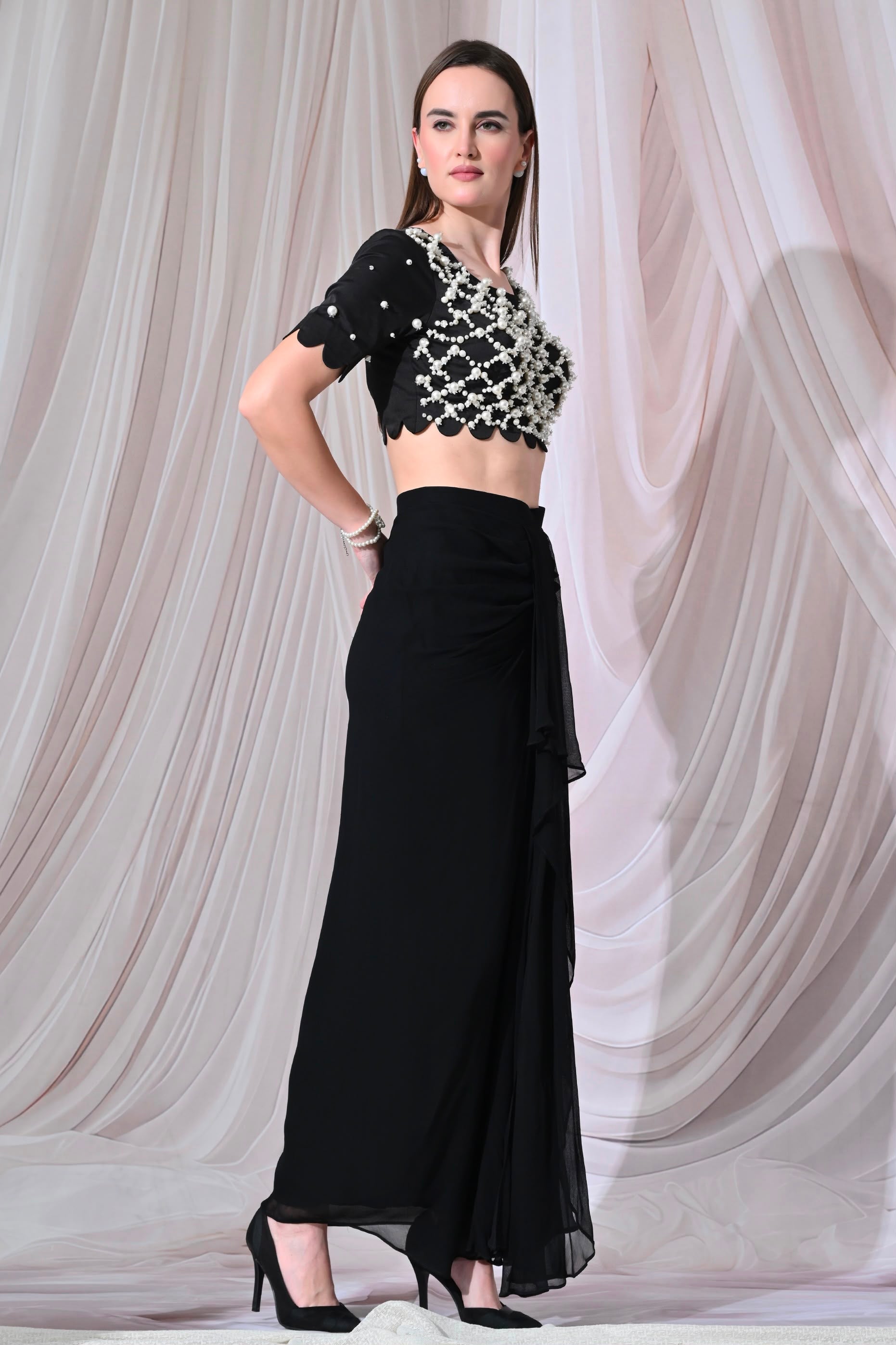 Celeste Pearl-Embellished Black Indo-Western Set – catalogue view 5