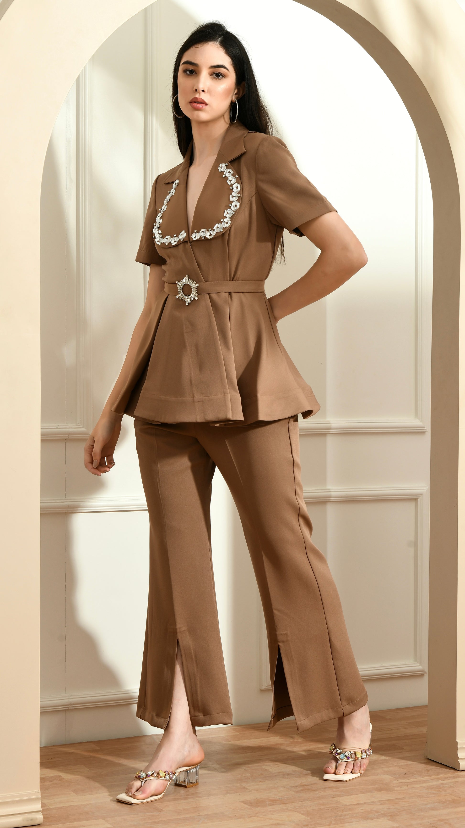 Almond brown Co-ord Set with belt
