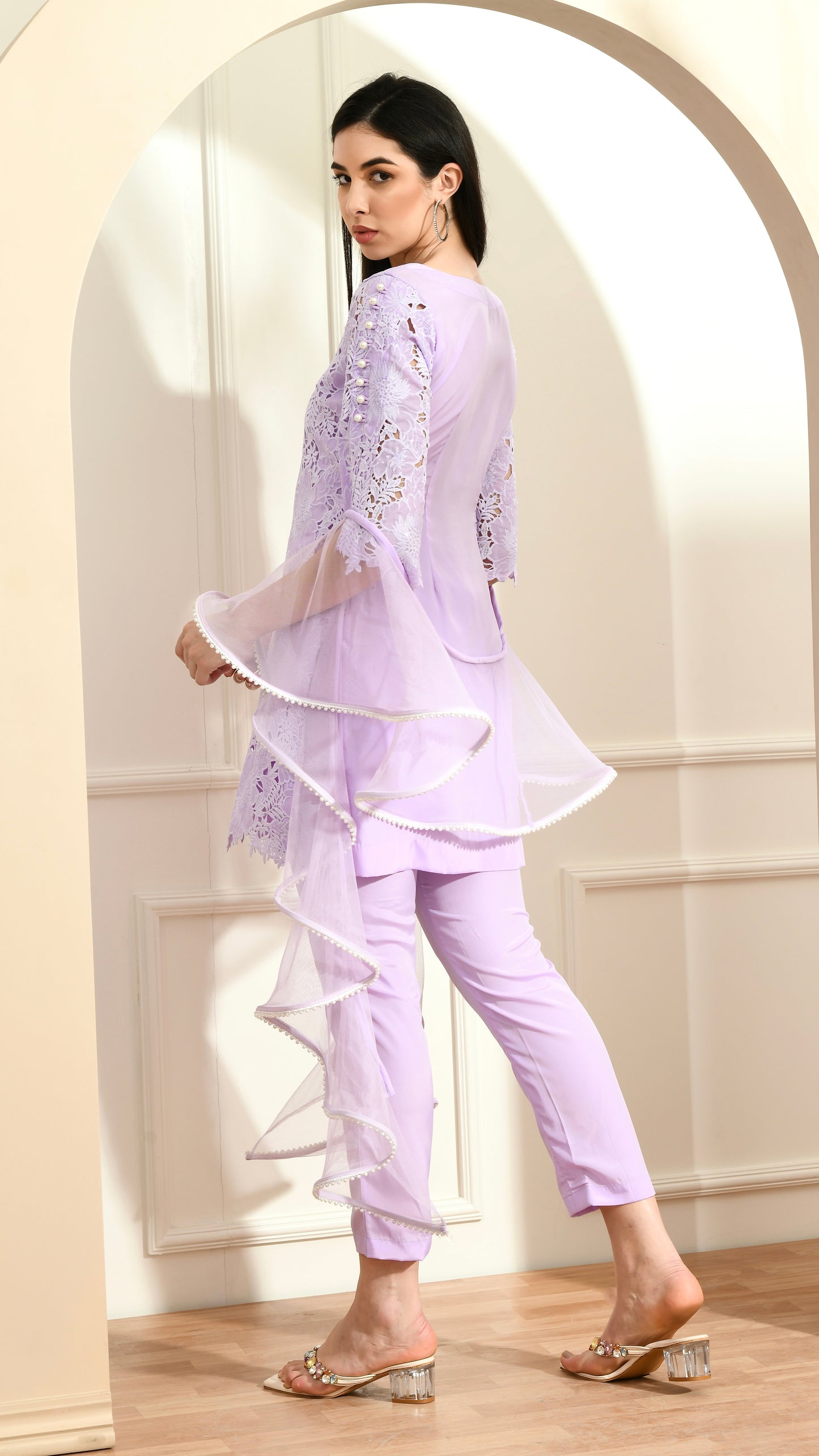 Rooh Lavender 3-piece suit set with ruffled dupatta - wishdrobe