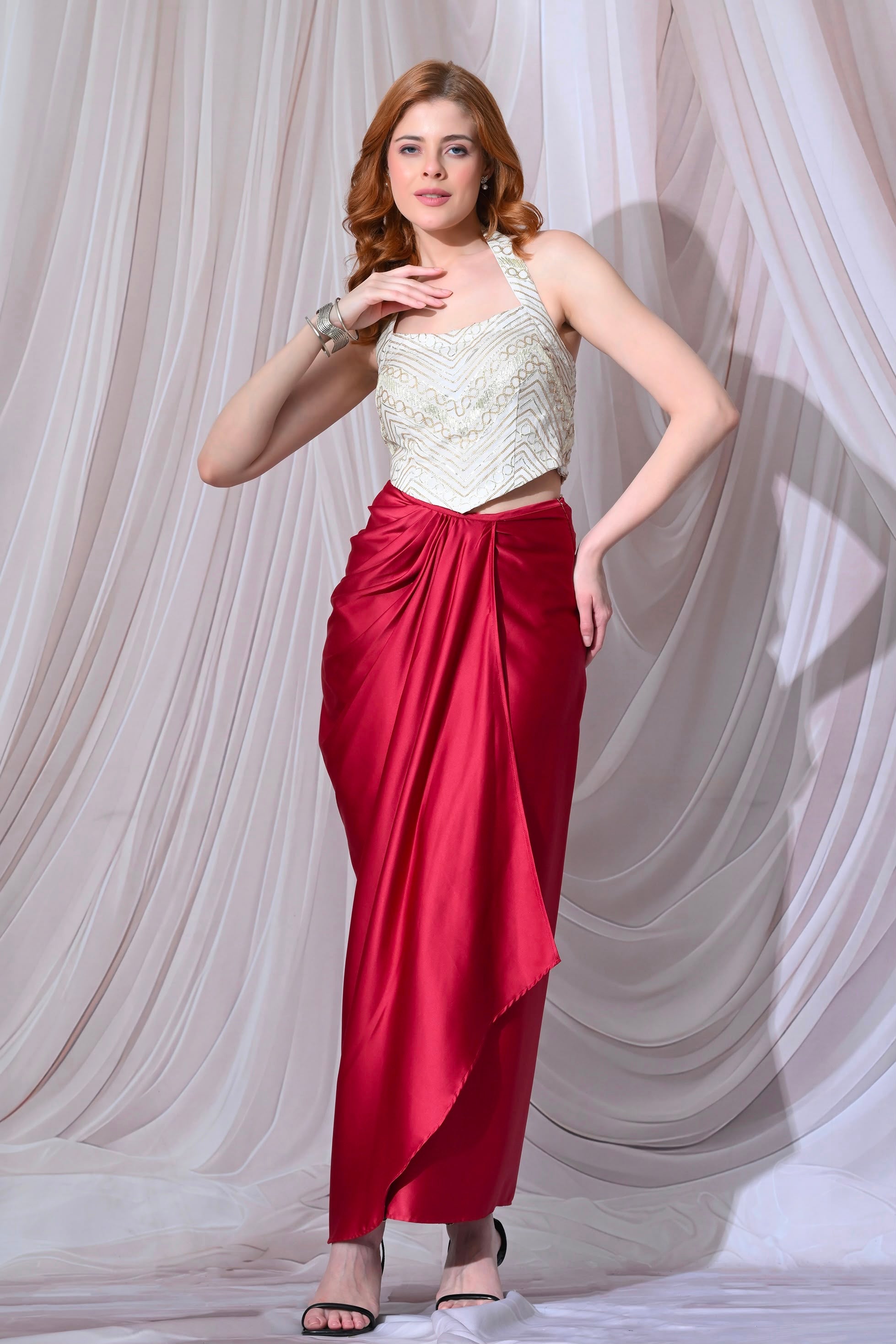 Ivory & Crimson Chanderi-Satin Drape Set – catalogue view 1