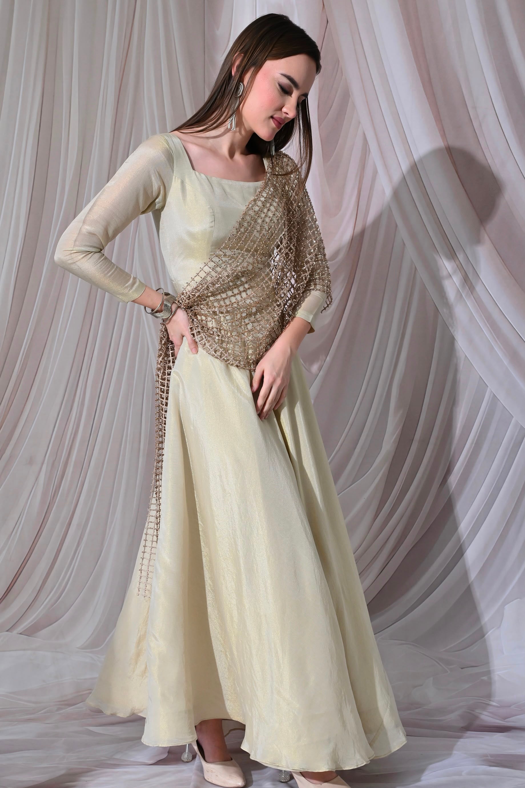 Ivory Gilded Tissue-Organza Drape Suit Set – catalogue view 1
