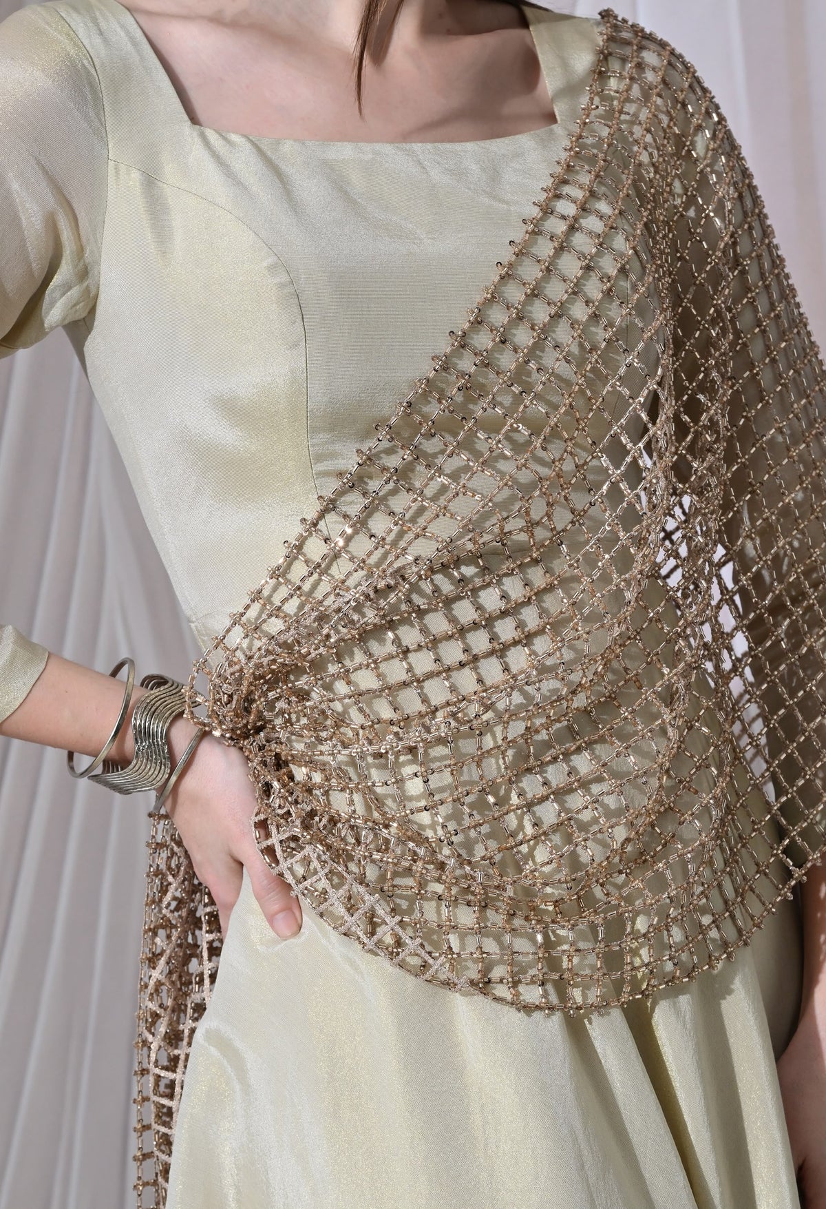 Ivory Gilded Shimmer Tissue-Organza Anarkali Set