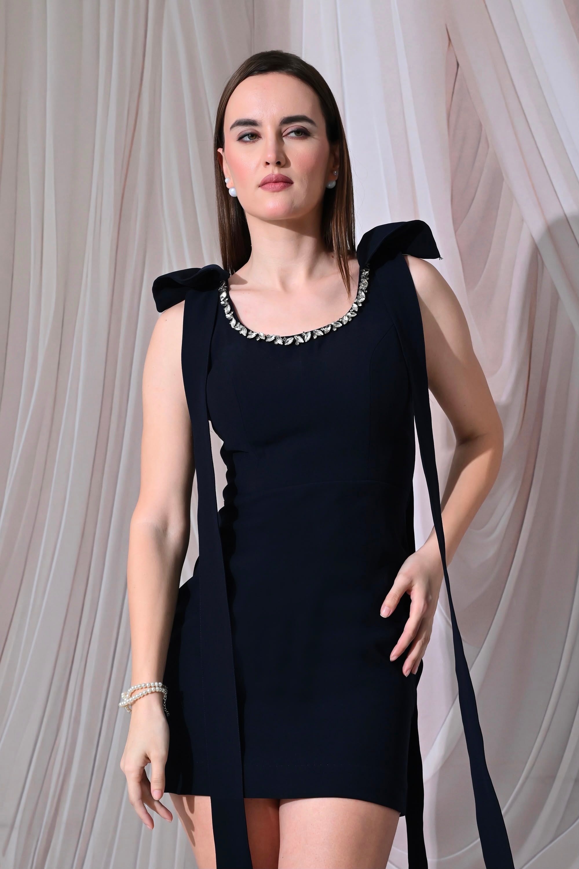 Midnight Crystal-Neck Navy Blue Crepe Dress – catalogue view 2