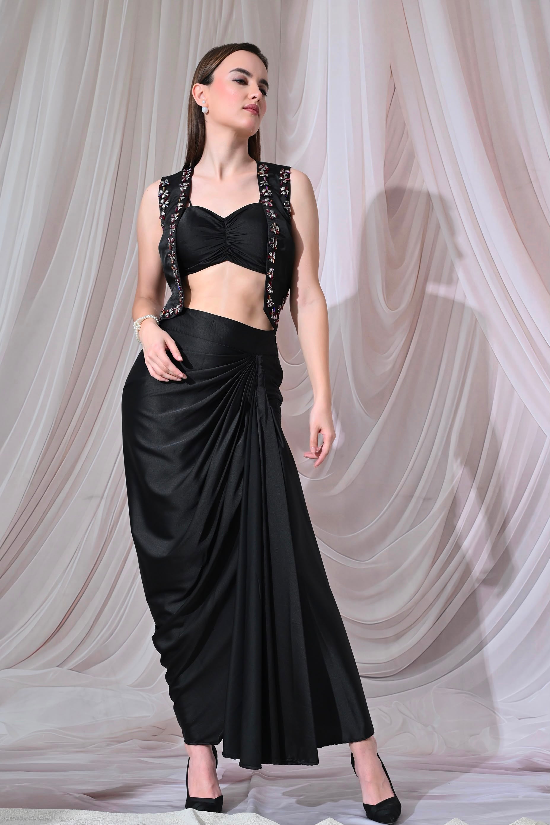 Noir Crystal-Embellished Black 3-Piece Indo-Western Set – catalogue view 2