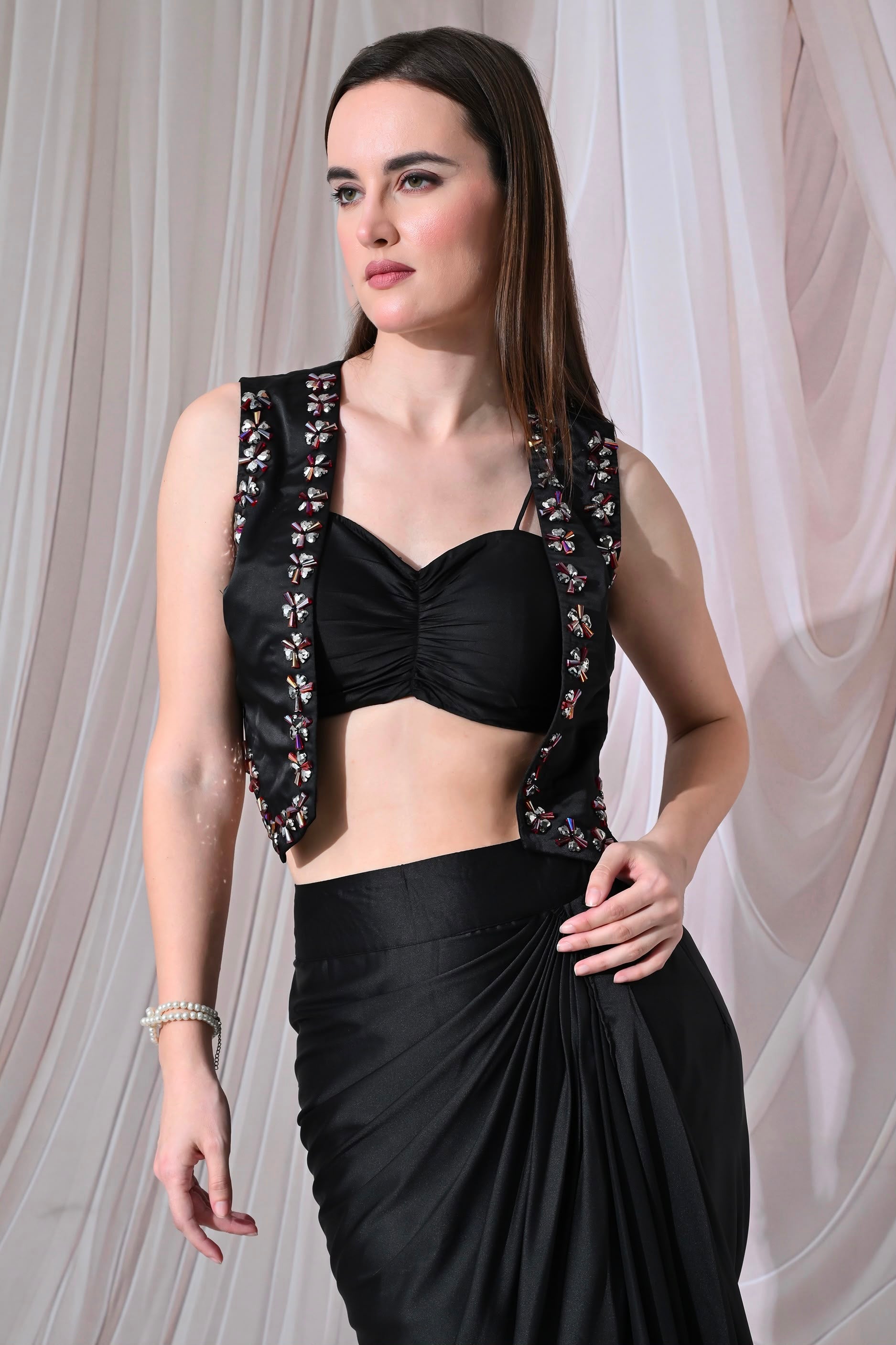 Noir Crystal-Embellished Black 3-Piece Indo-Western Set – catalogue view 3