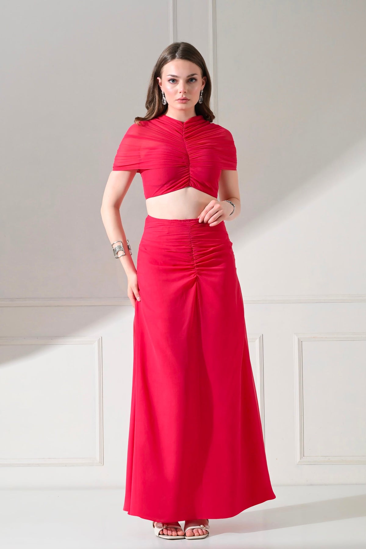 Raspberry Ruched Crop Top & Maxi Skirt Co-ord